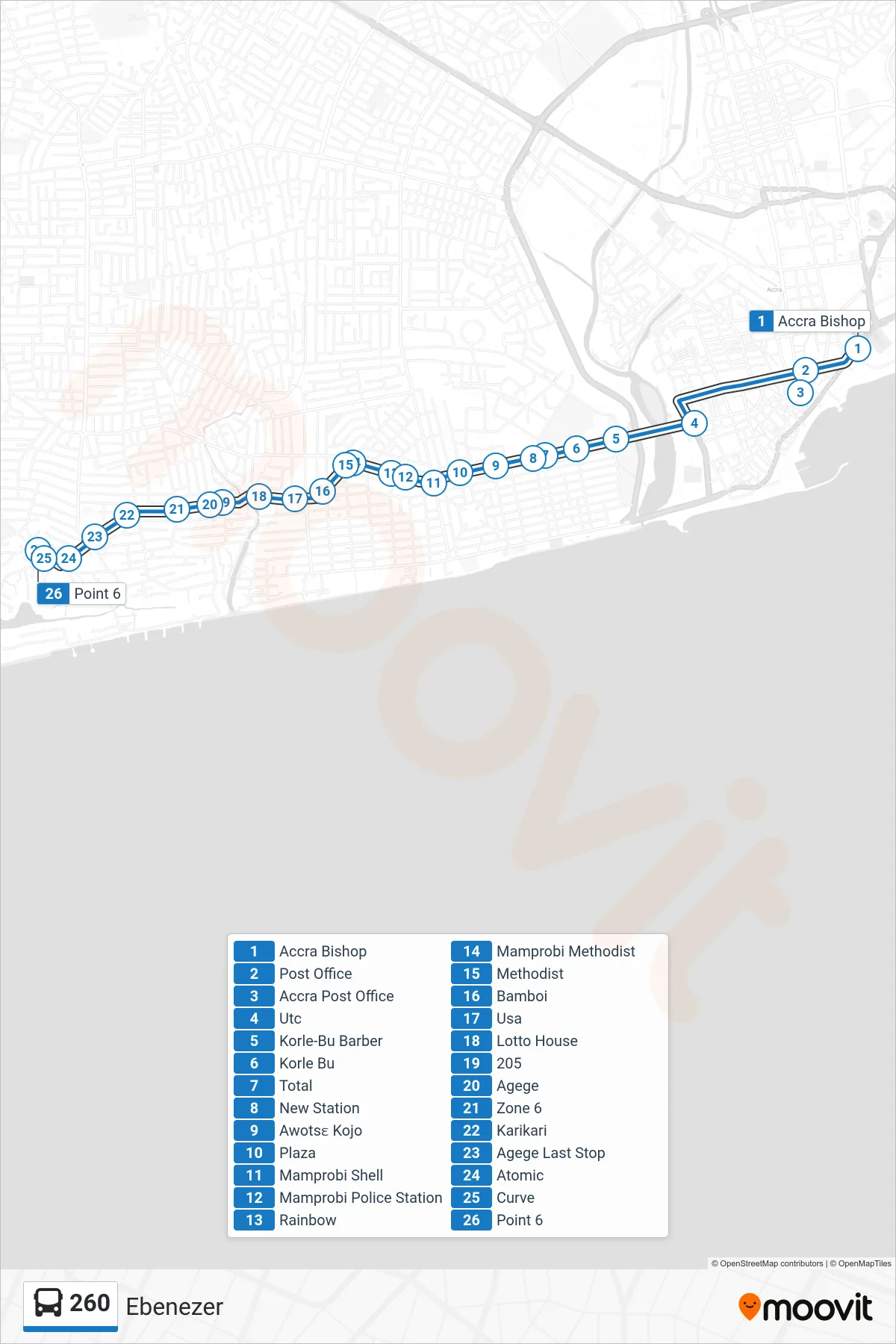 260 bus Line (Ebenezer) route and stops on a map