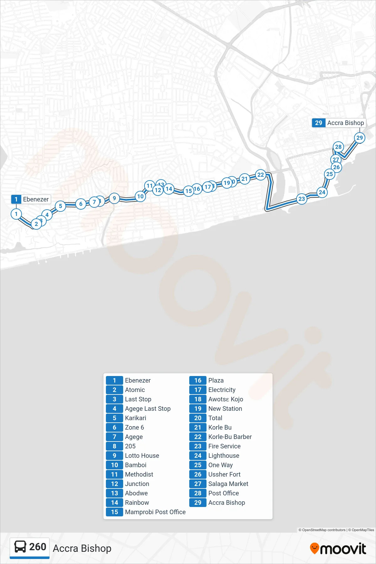 260 bus Line (Accra Bishop) route and stops on a map