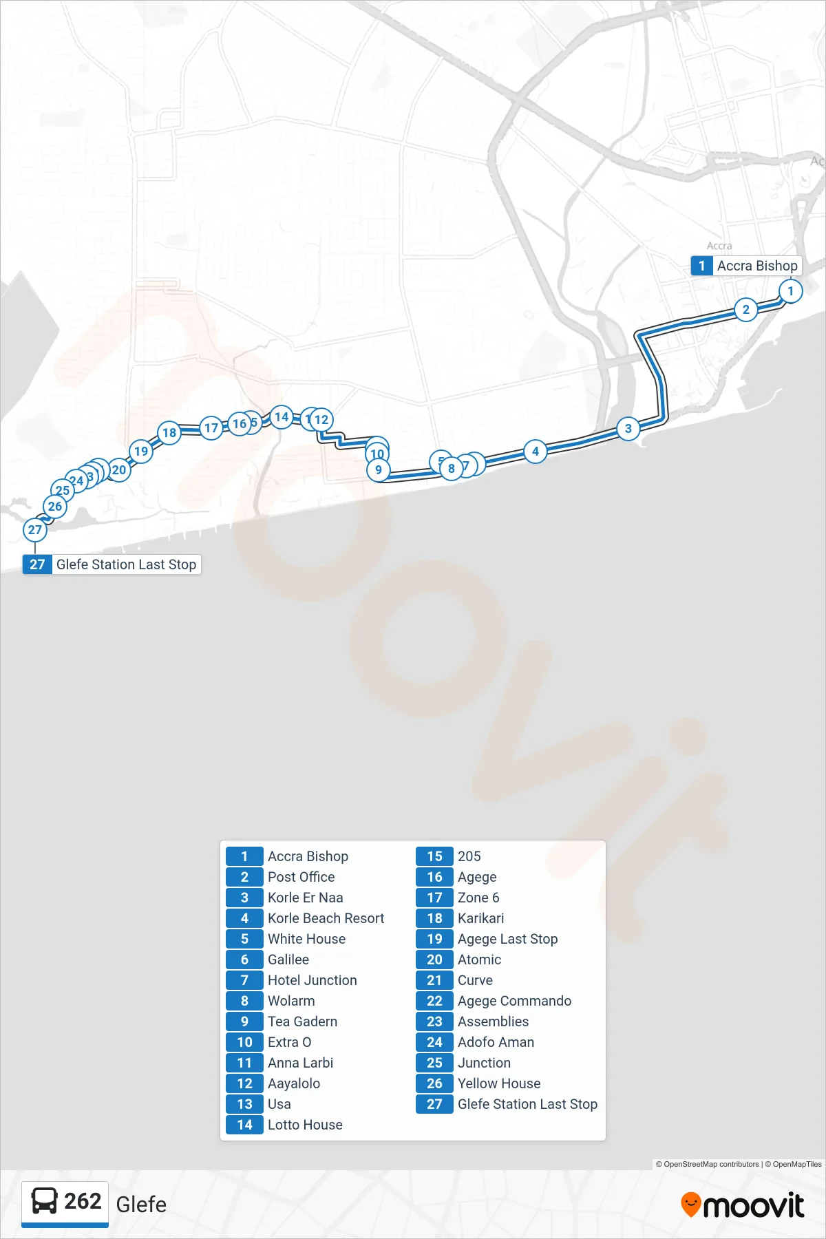 262 bus Line (Glefe) route and stops on a map