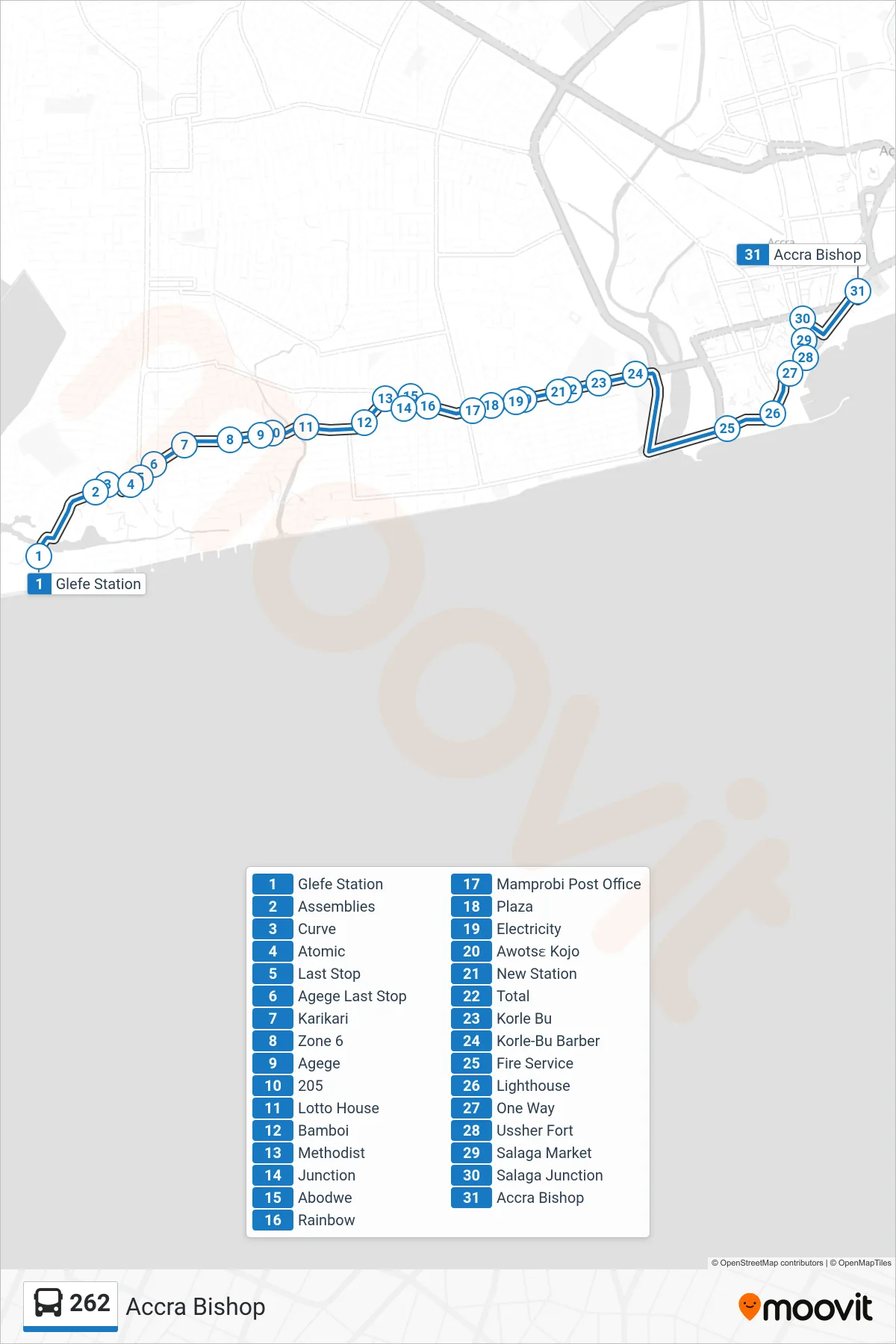 262 bus Line (Accra Bishop) route and stops on a map