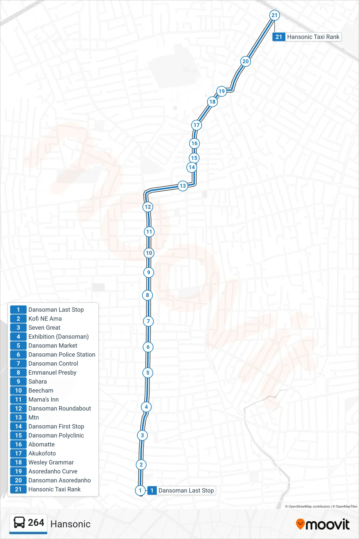 264 bus Line (Hansonic) route and stops on a map