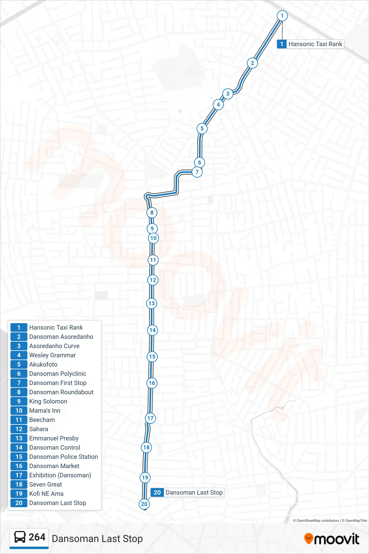 264 bus Line (Dansoman Last Stop) route and stops on a map
