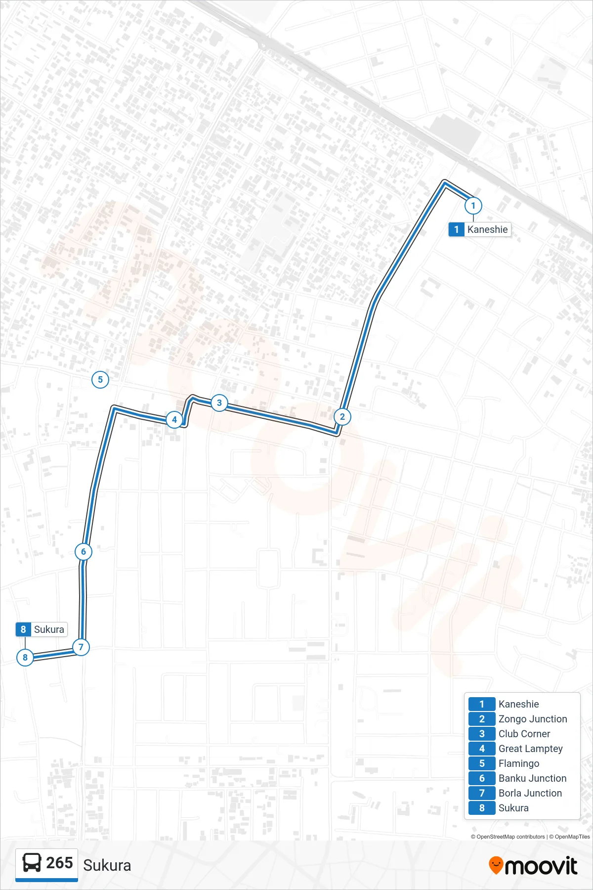 265 bus Line (Sukura) route and stops on a map