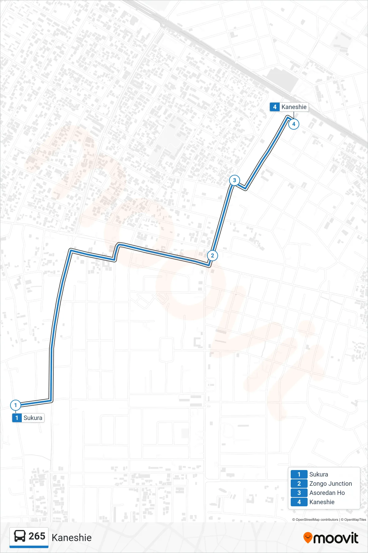 265 bus Line (Kaneshie) route and stops on a map