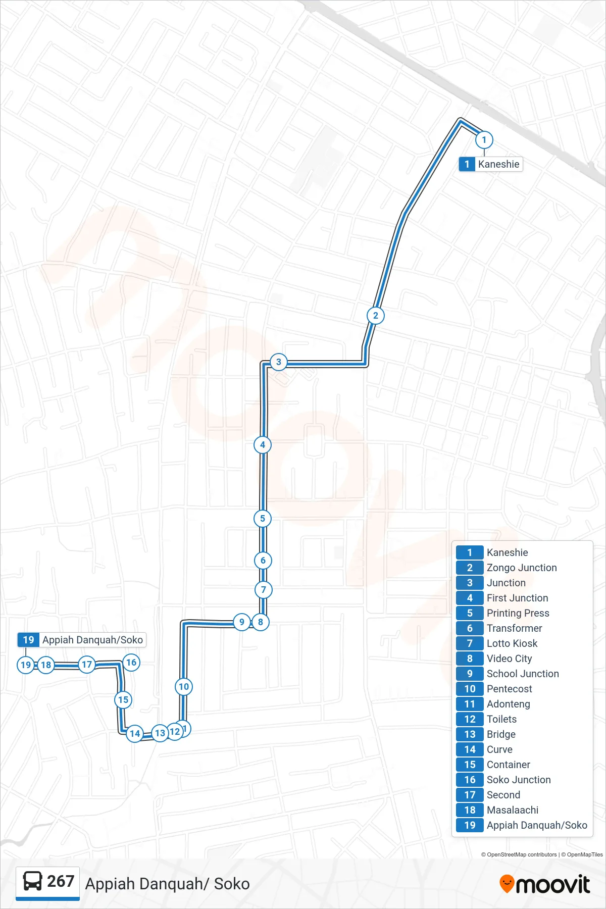 267 bus Line (Appiah Danquah/ Soko) route and stops on a map