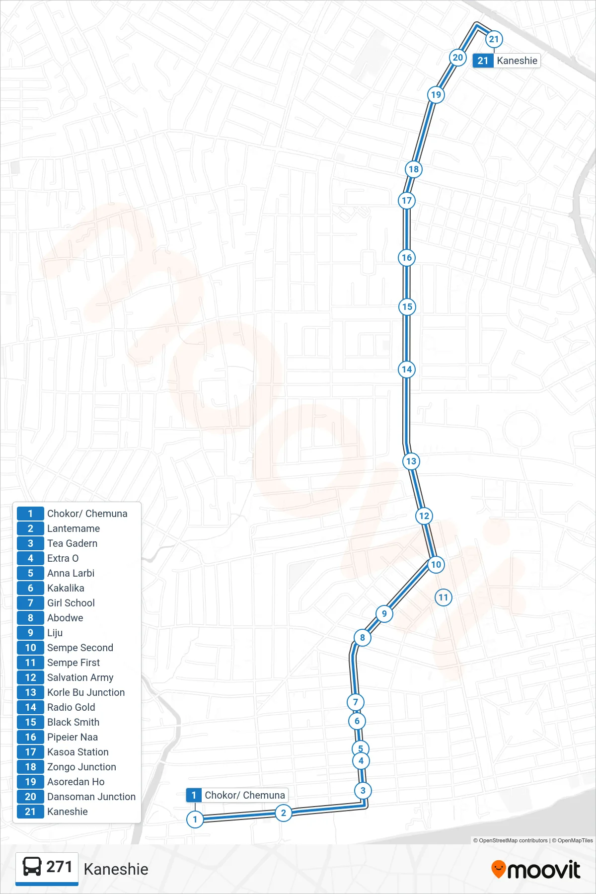 271 bus Line (Kaneshie) route and stops on a map