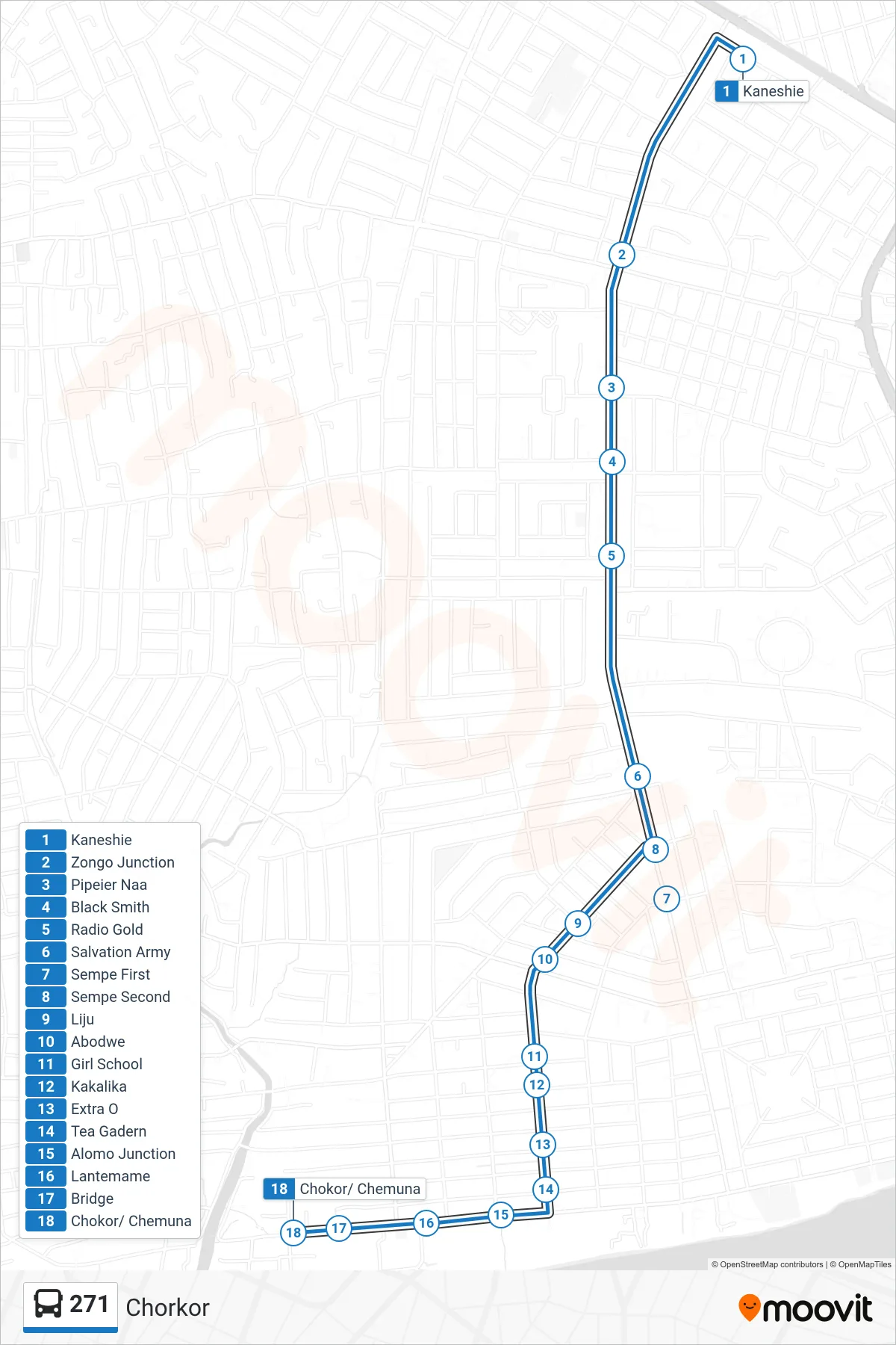 271 bus Line (Chorkor) route and stops on a map