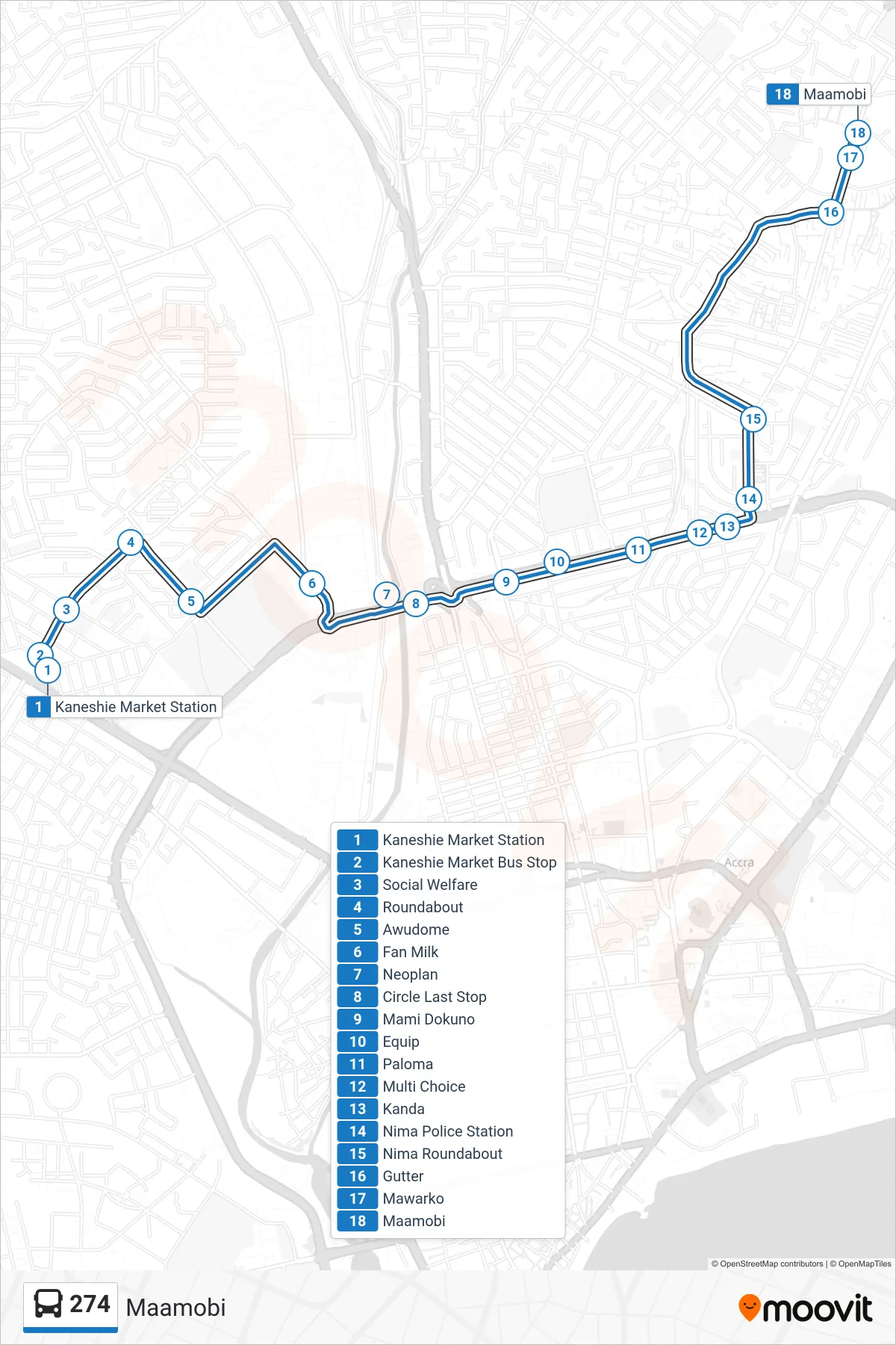 274 bus Line (Maamobi) route and stops on a map