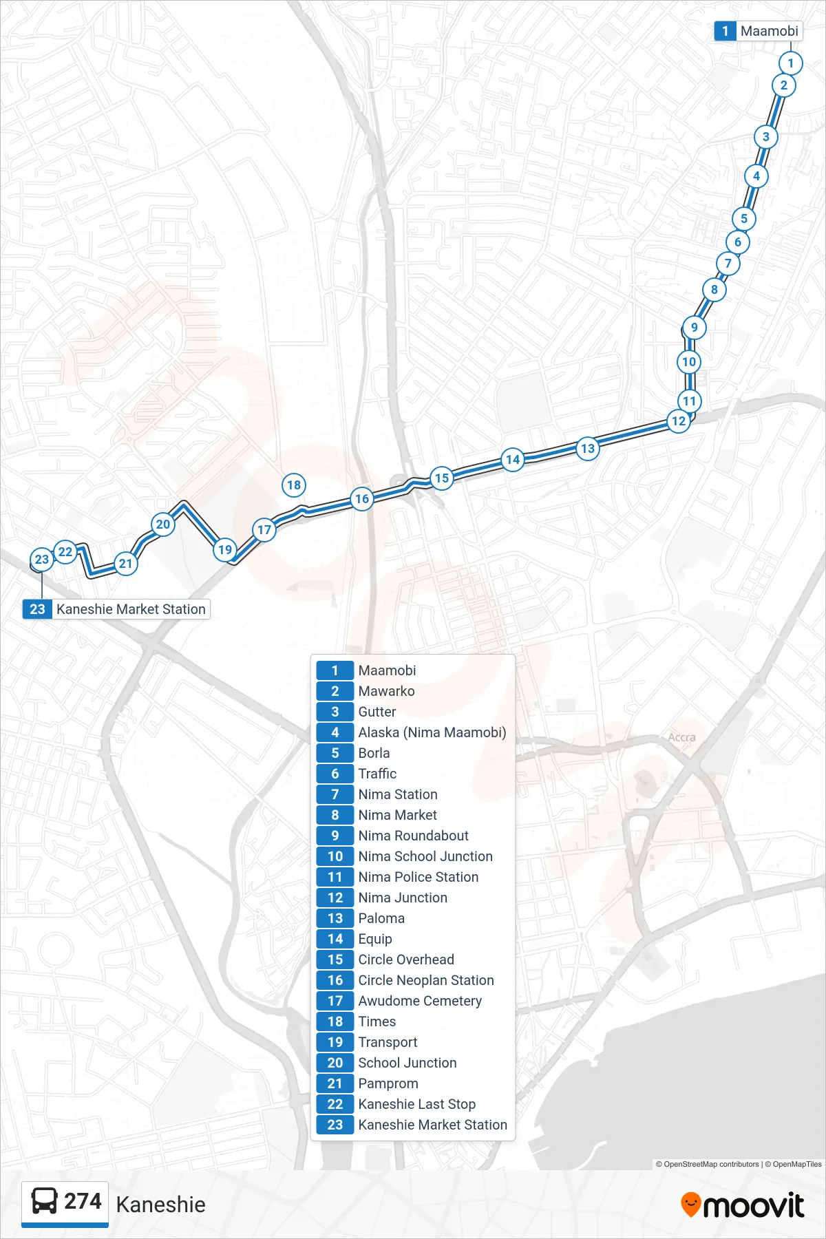 274 bus Line (Kaneshie) route and stops on a map