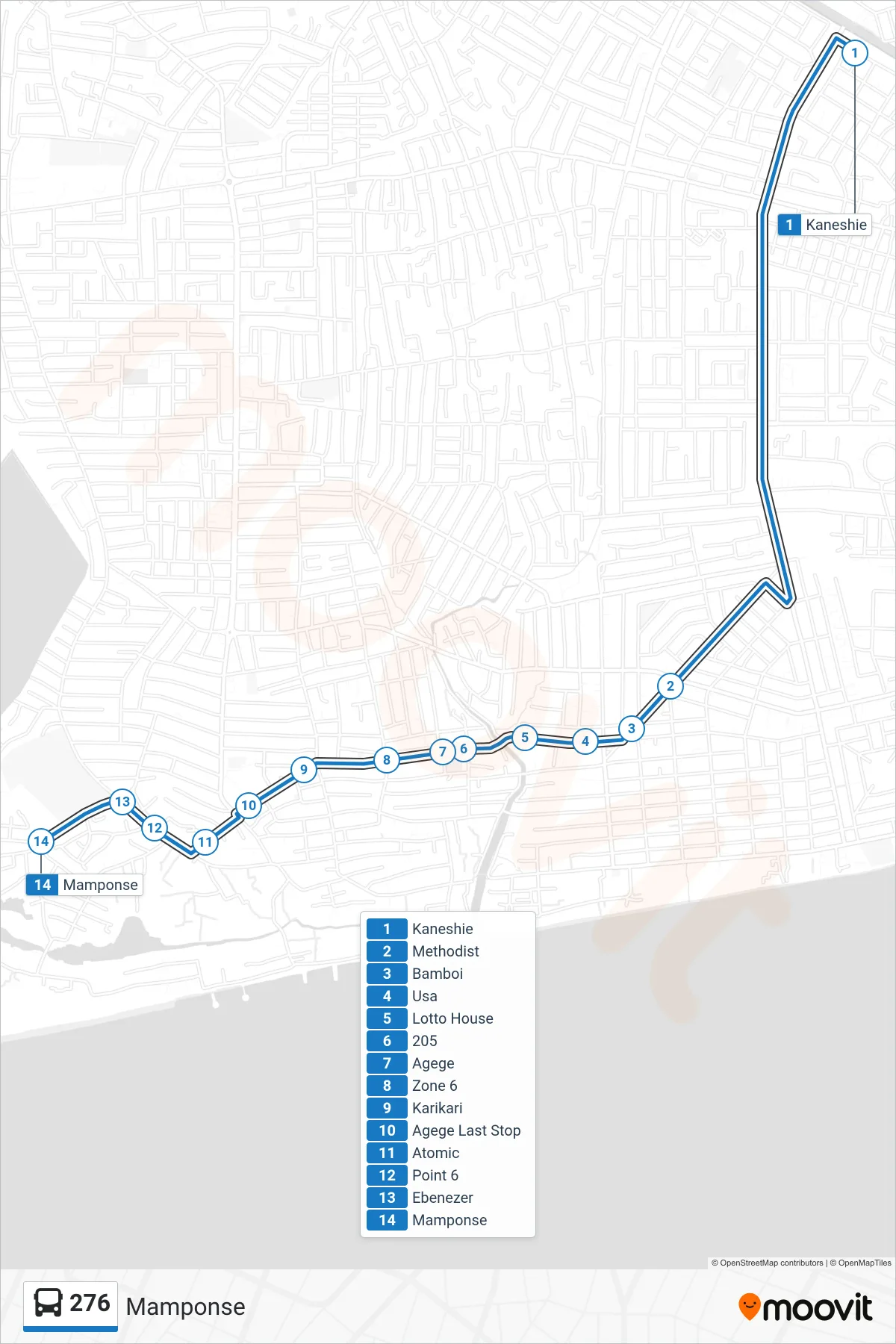 276 bus Line (Mamponse) route and stops on a map