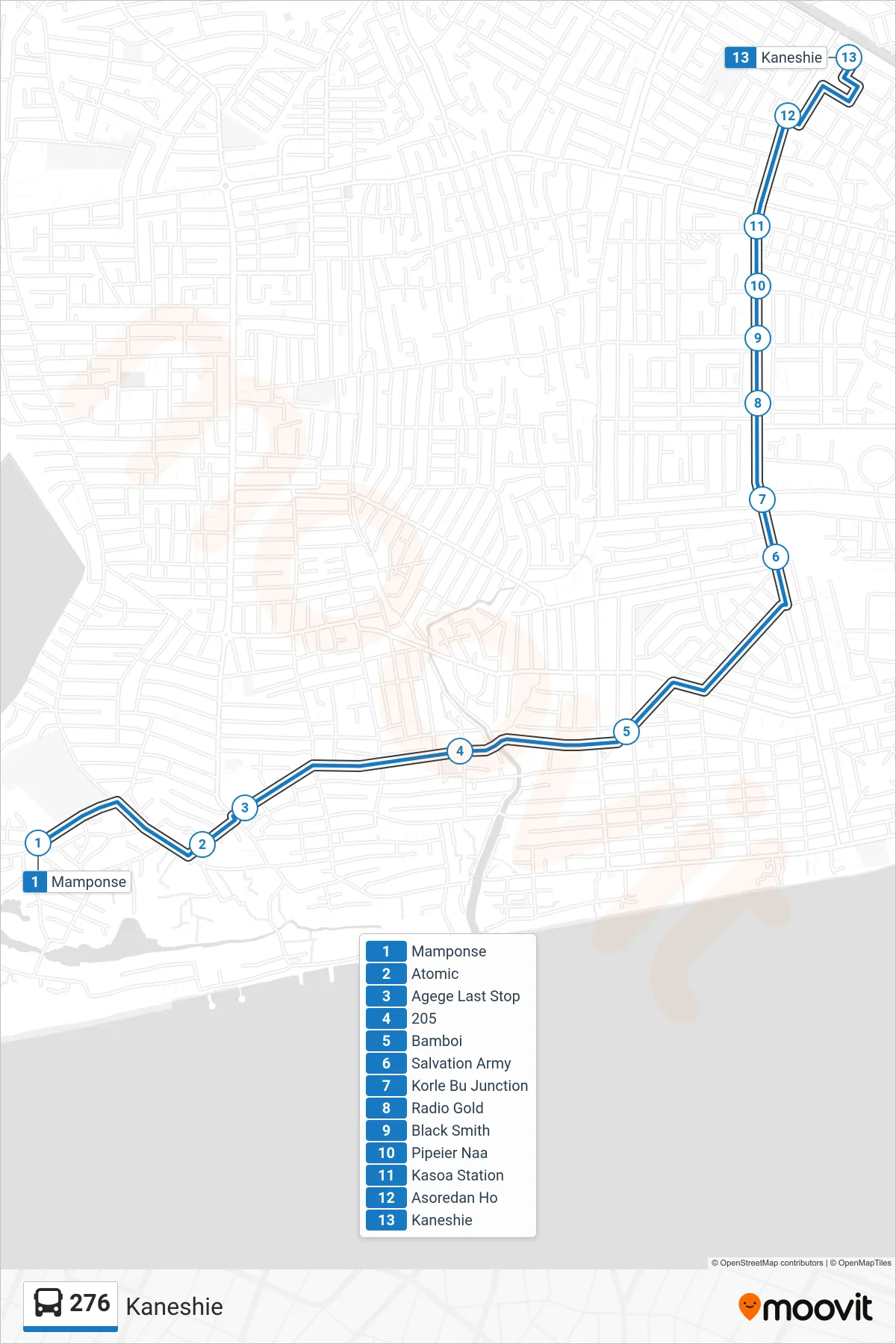 276 bus Line (Kaneshie) route and stops on a map