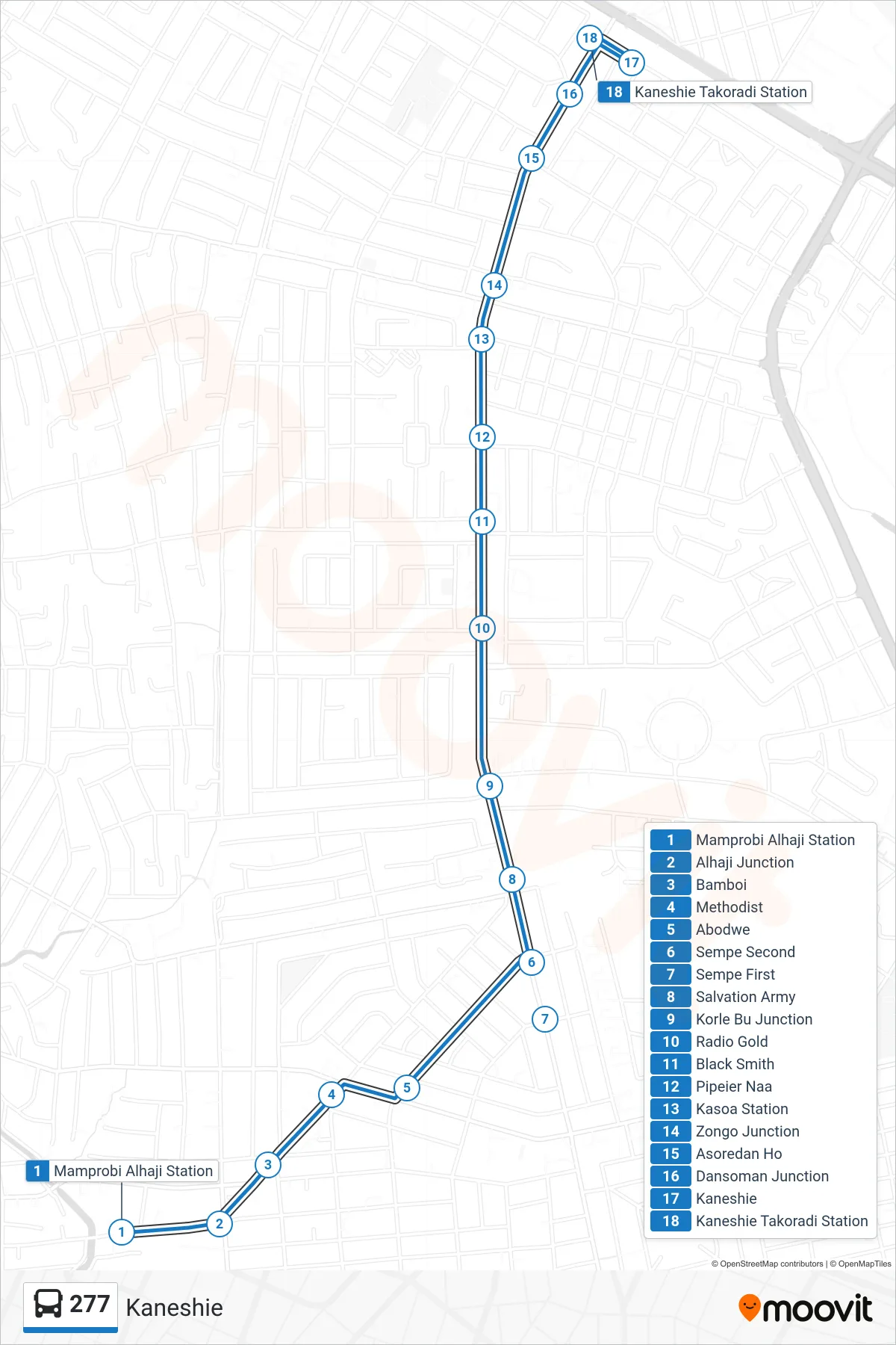 277 bus Line (Kaneshie) route and stops on a map