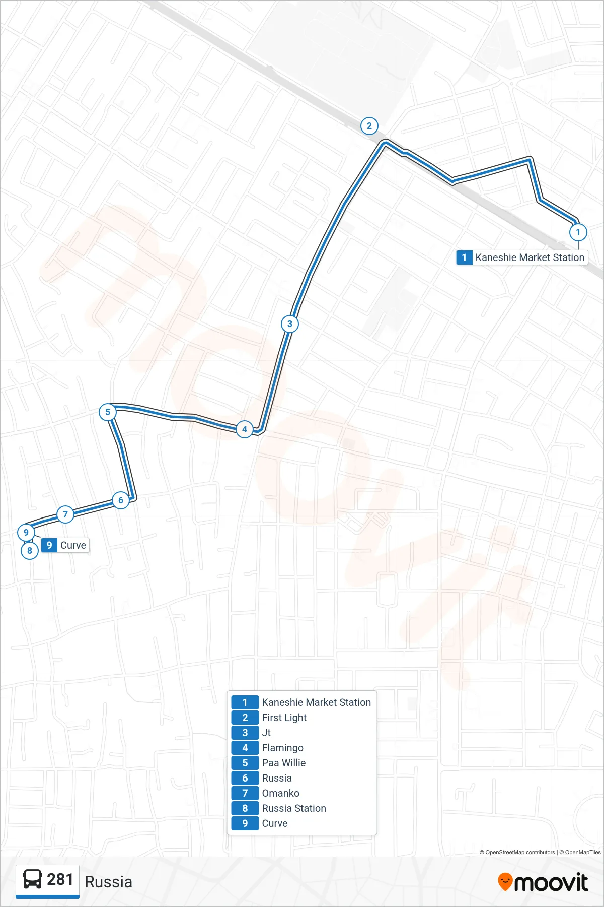 281 bus Line (Russia) route and stops on a map