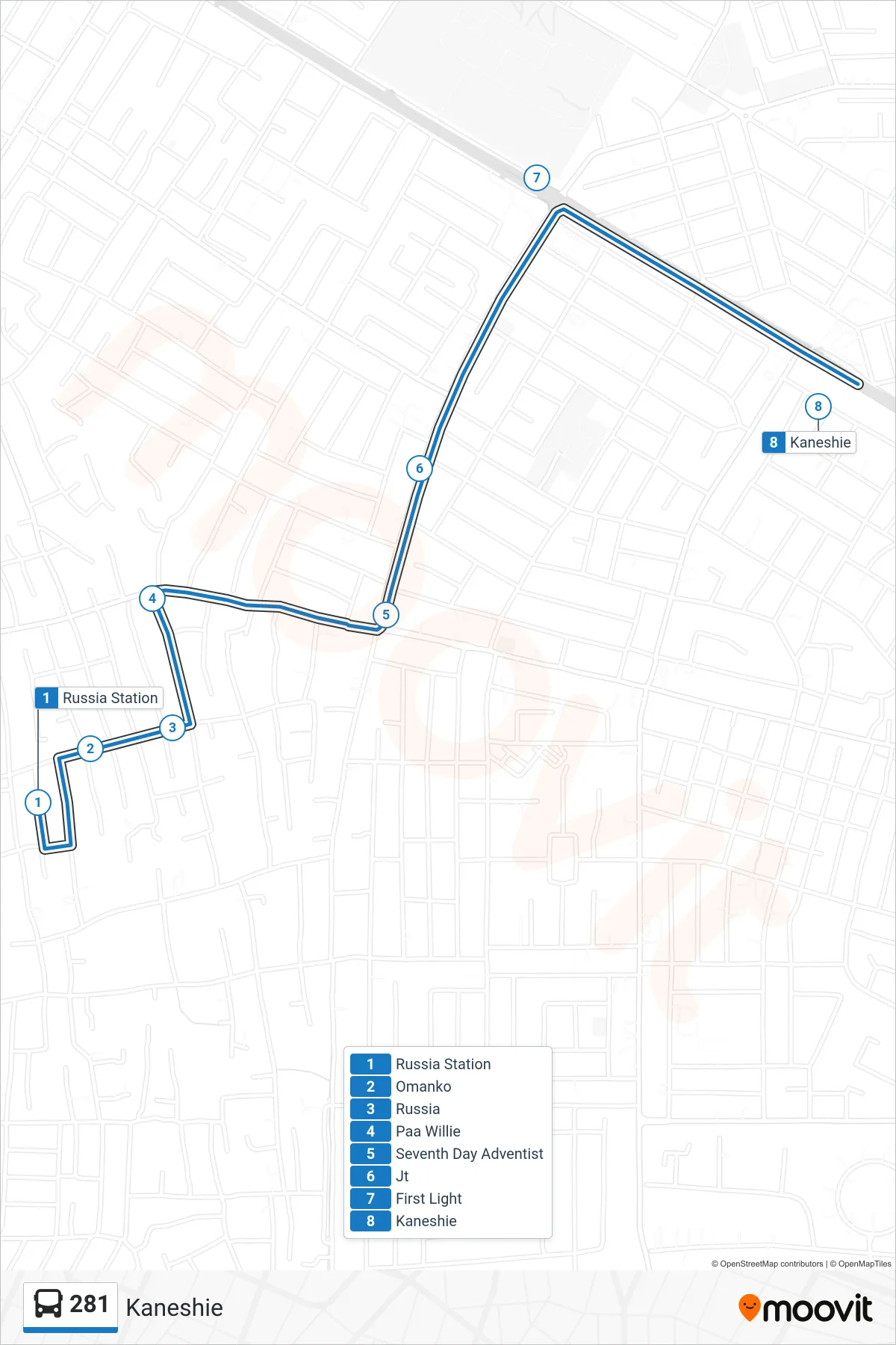 281 bus Line (Kaneshie) route and stops on a map