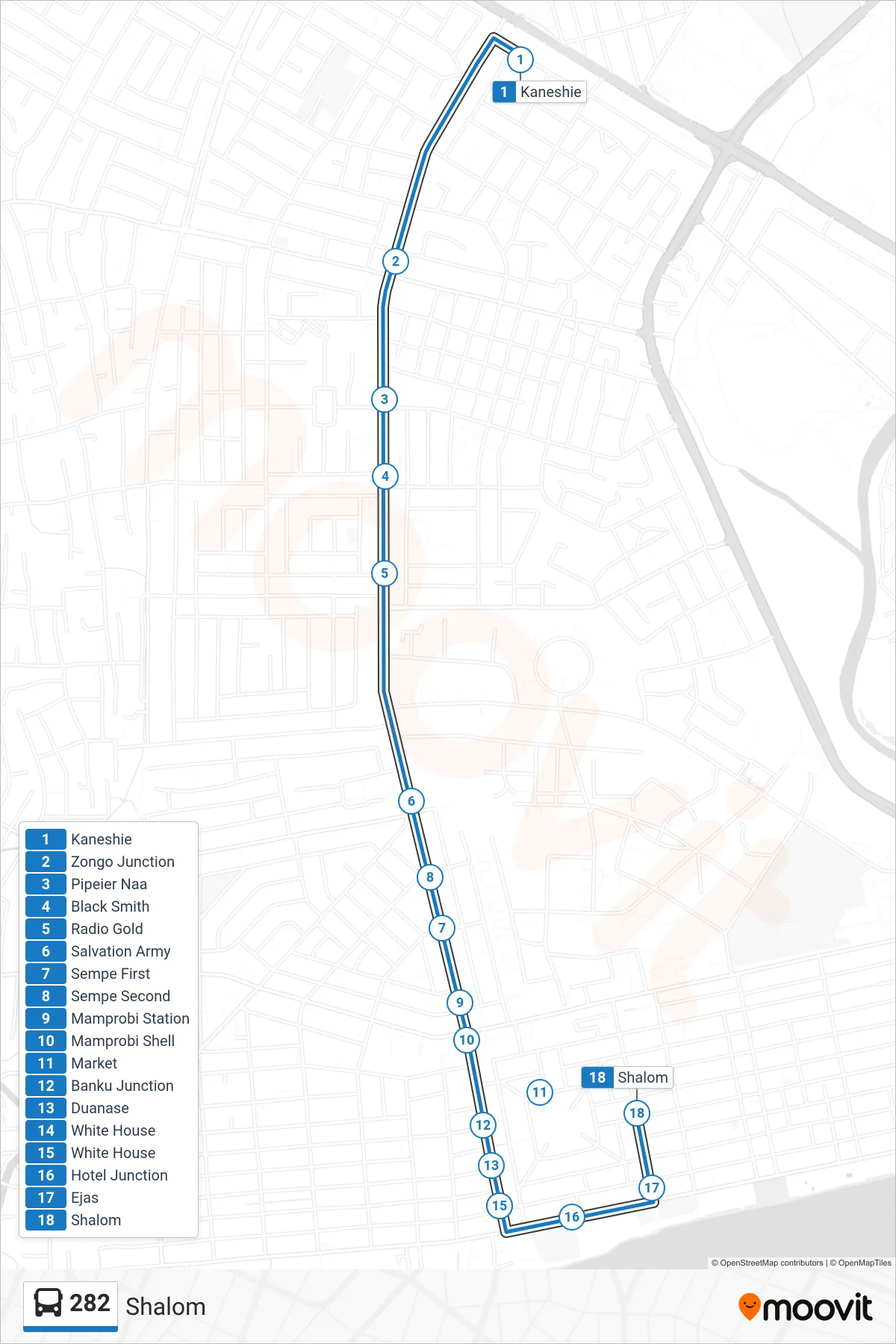 282 bus Line (Shalom) route and stops on a map