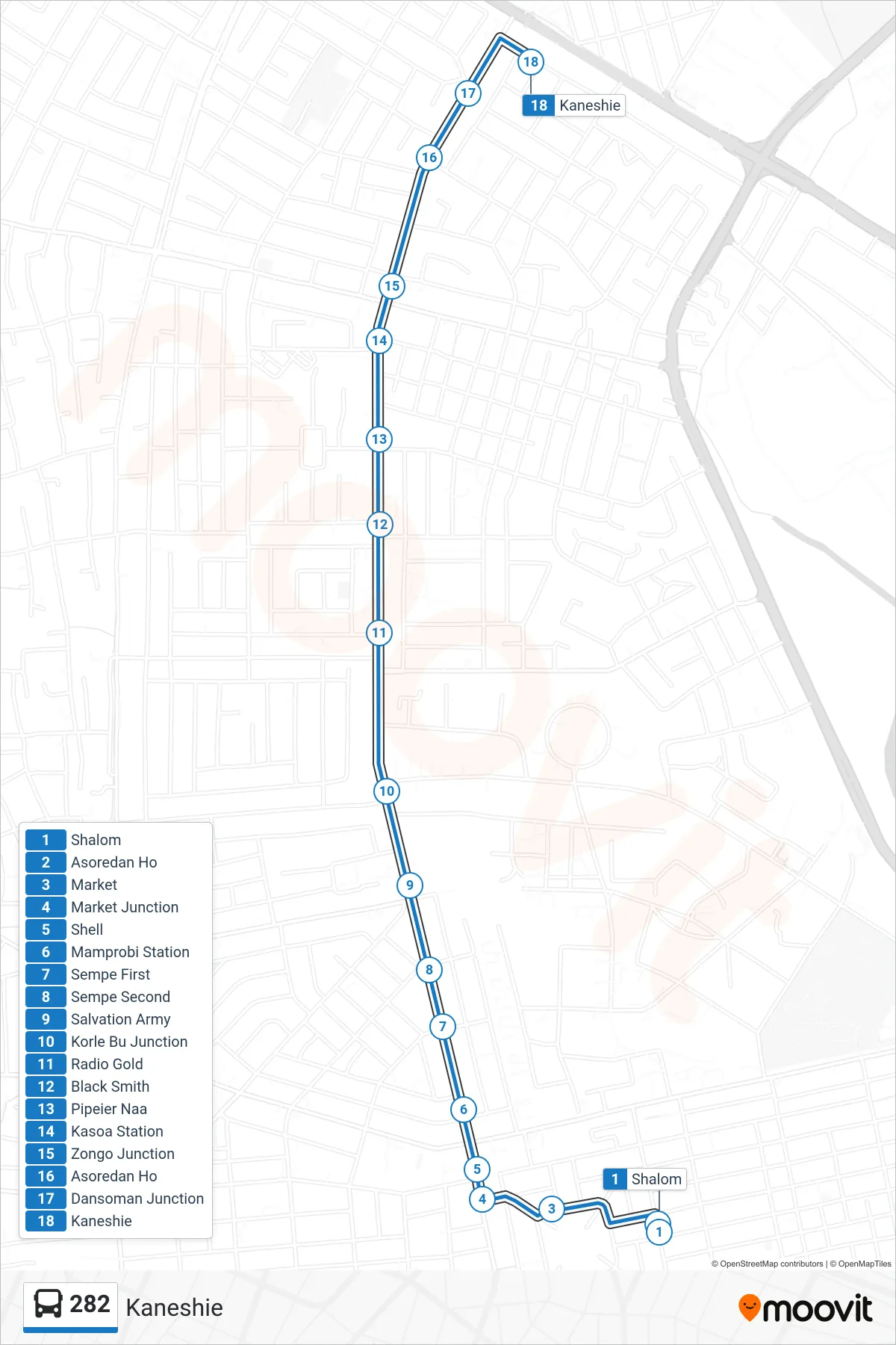 282 bus Line (Kaneshie) route and stops on a map