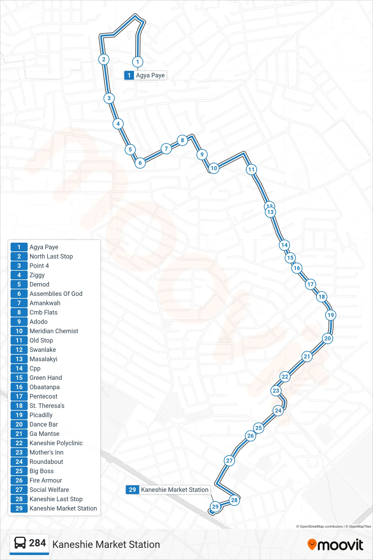 284 bus Line (Kaneshie Market Station) route and stops on a map