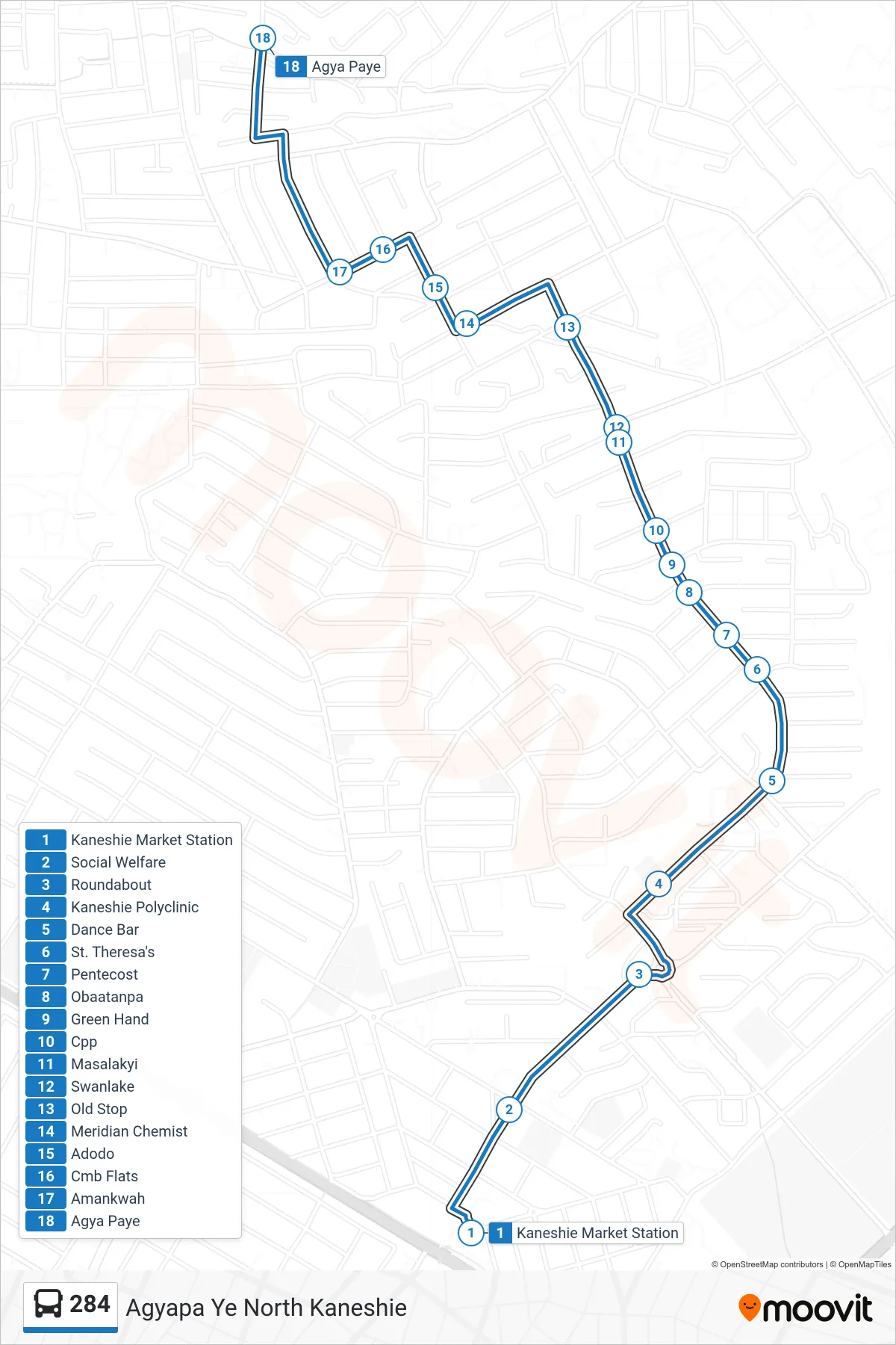 284 bus Line (Agyapa Ye North Kaneshie) route and stops on a map