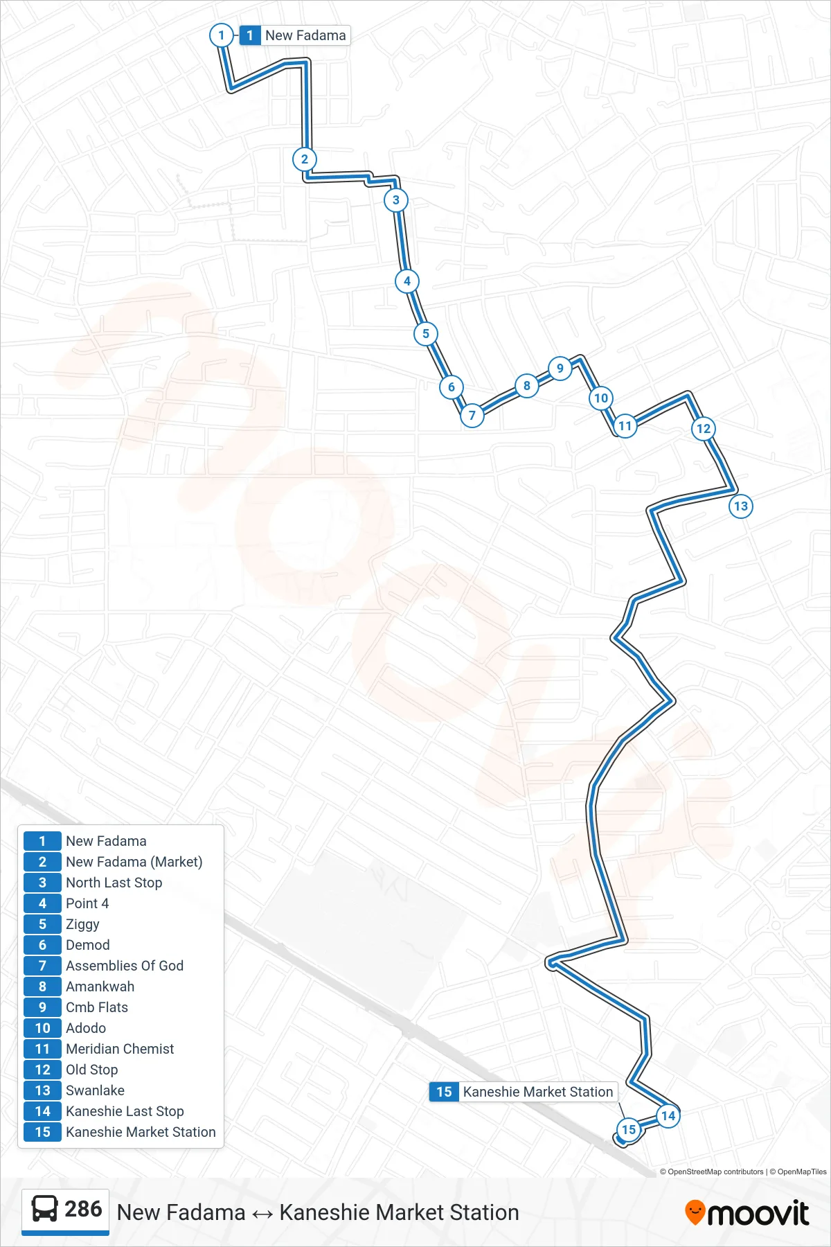 286 bus Line (Kaneshie Market Station) route and stops on a map