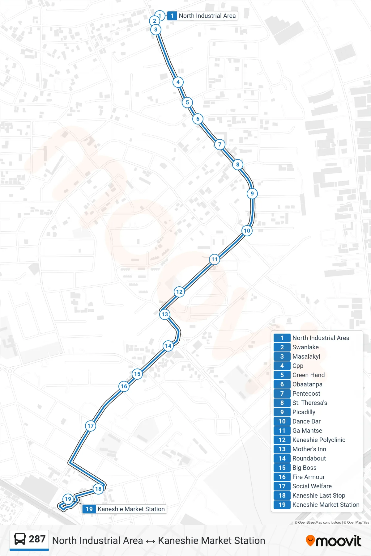 287 bus Line (Kaneshie Market Station) route and stops on a map