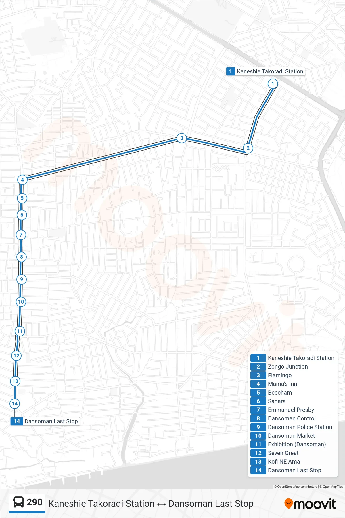 290 bus Line (Dansoman Last Stop) route and stops on a map