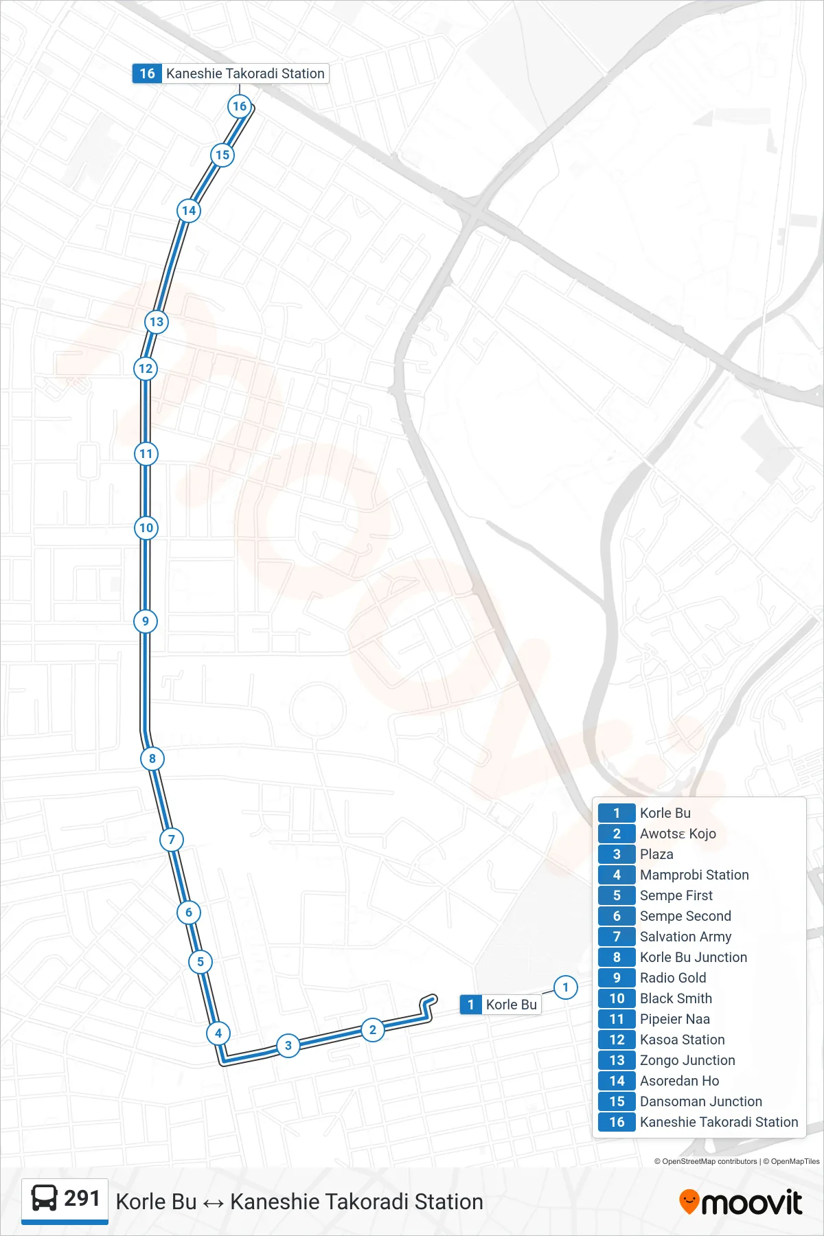 291 bus Line (Kaneshie Takoradi Station) route and stops on a map