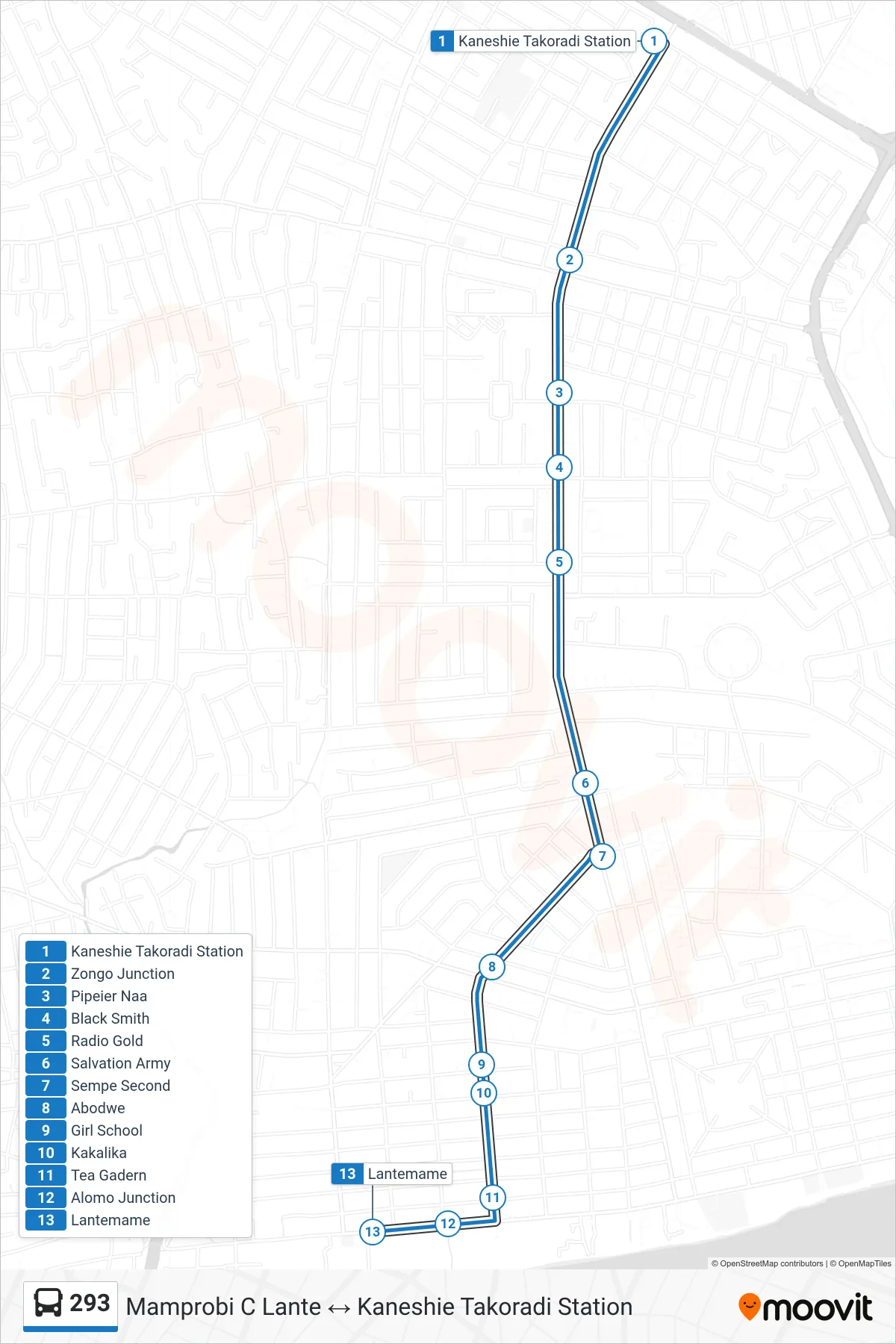 293 bus Line (Mamprobi C Lante) route and stops on a map