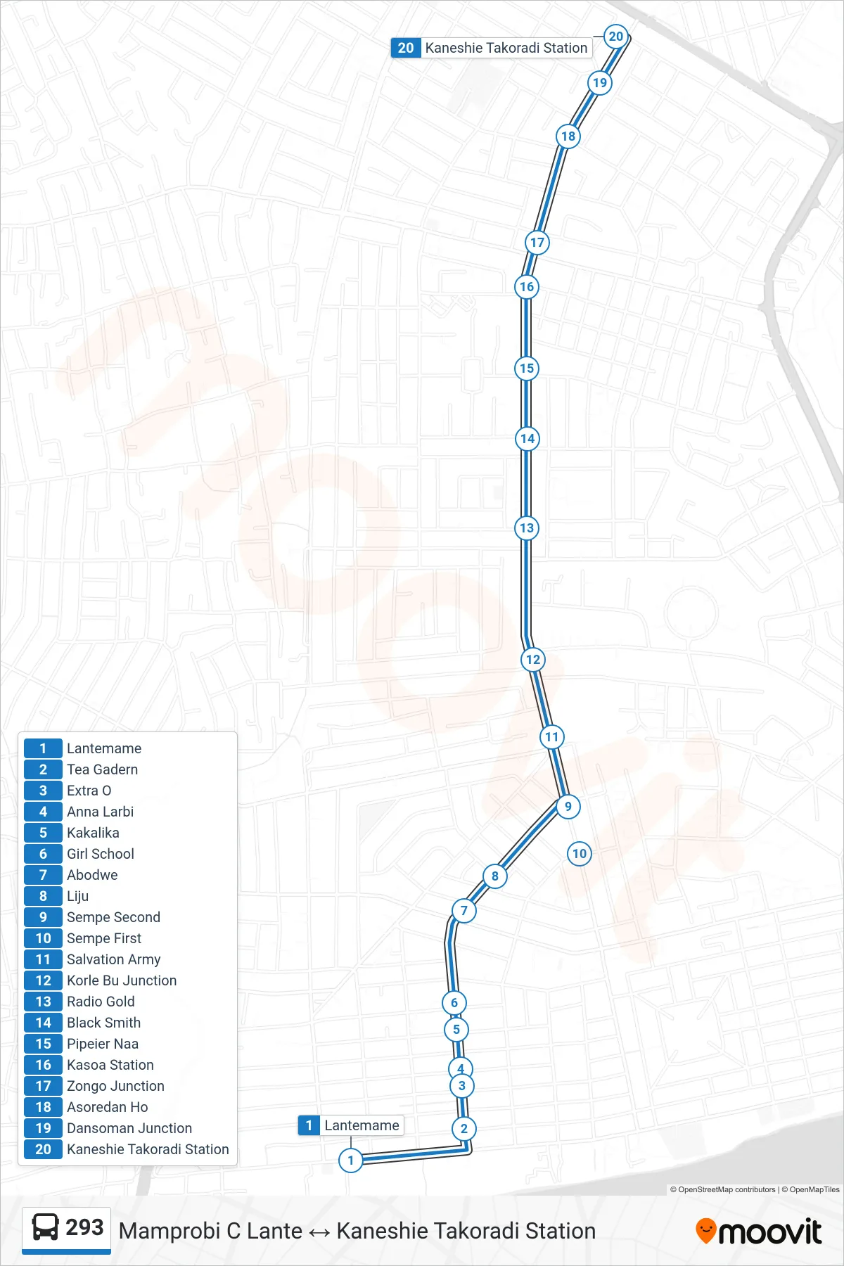 293 bus Line (Kaneshie Takoradi Station) route and stops on a map