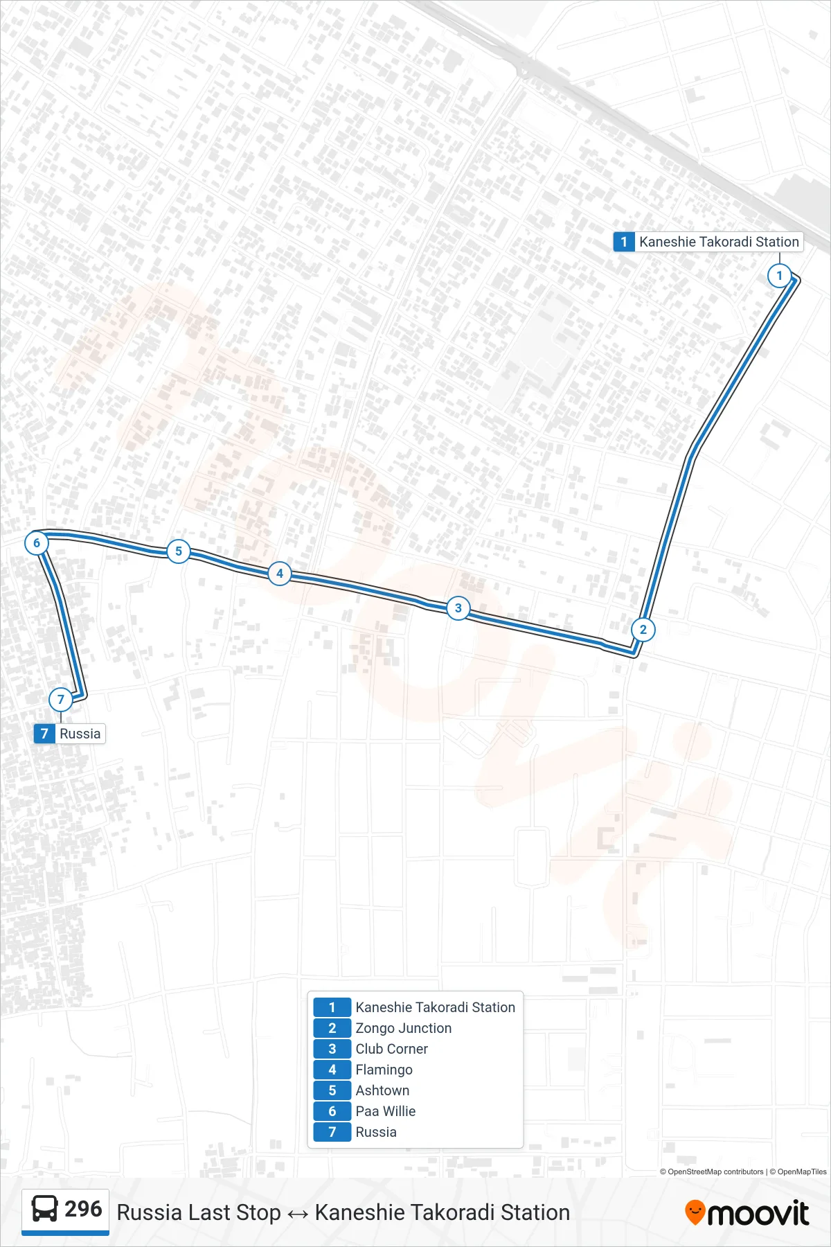 296 bus Line (Russia Last Stop) route and stops on a map