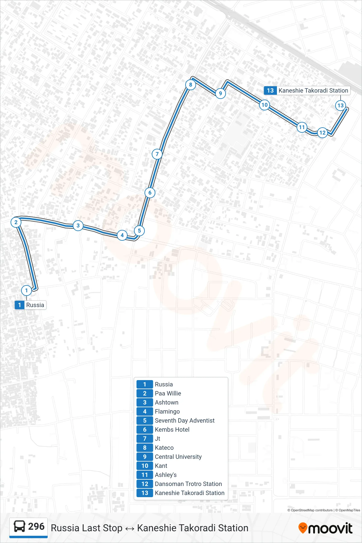 296 bus Line (Kaneshie Takoradi Station) route and stops on a map