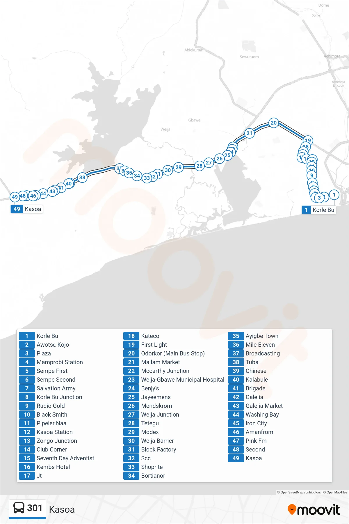 301 bus Line (Kasoa) route and stops on a map