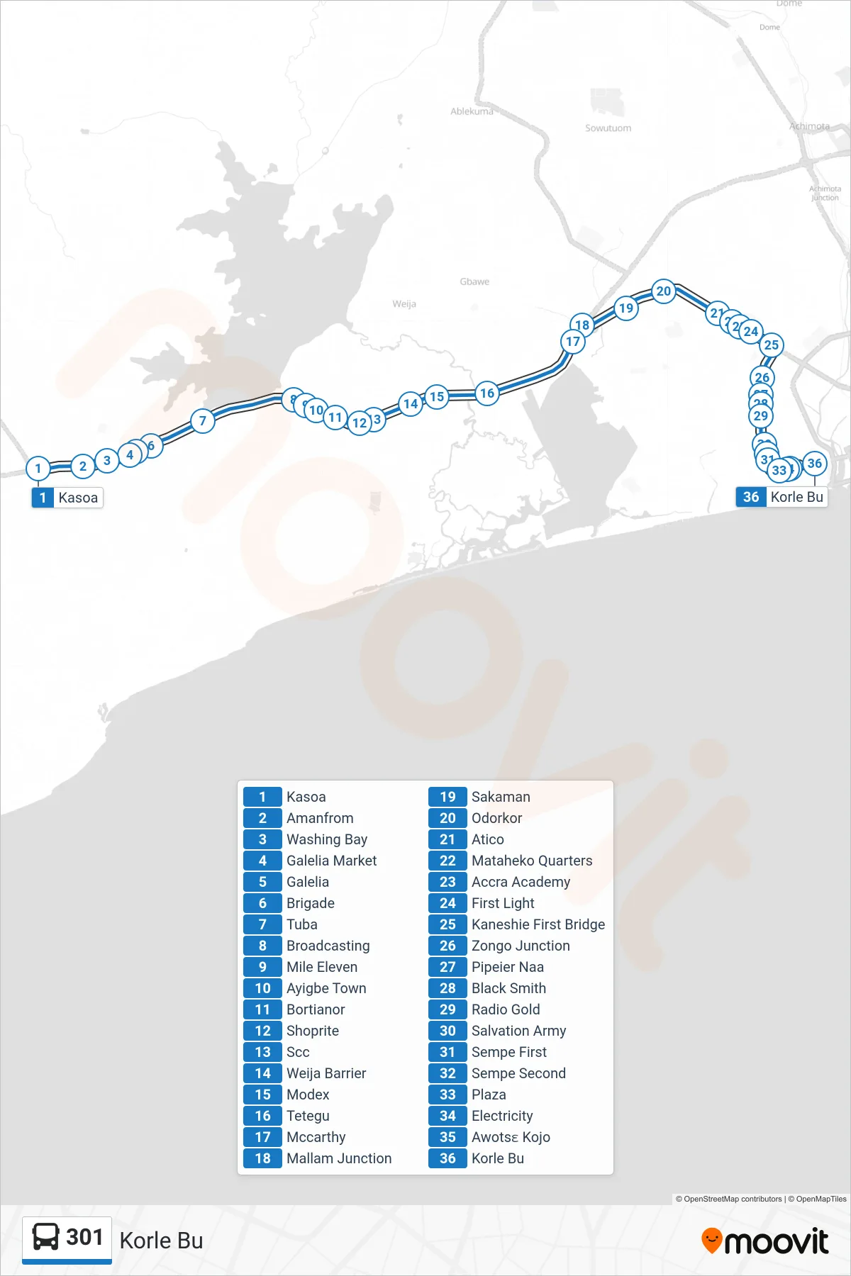 301 bus Line (Korle Bu) route and stops on a map
