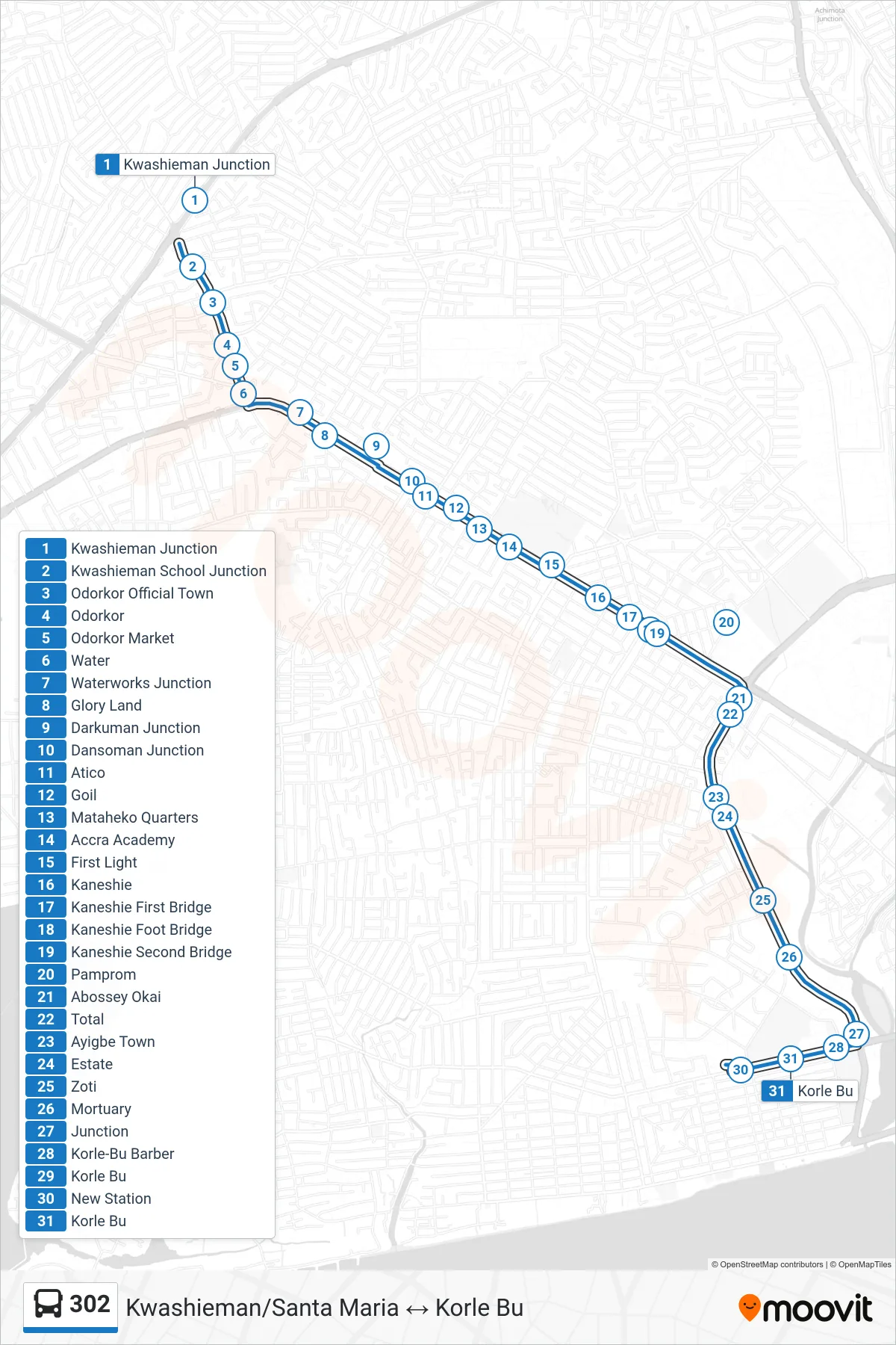 302 bus Line (Korle Bu) route and stops on a map