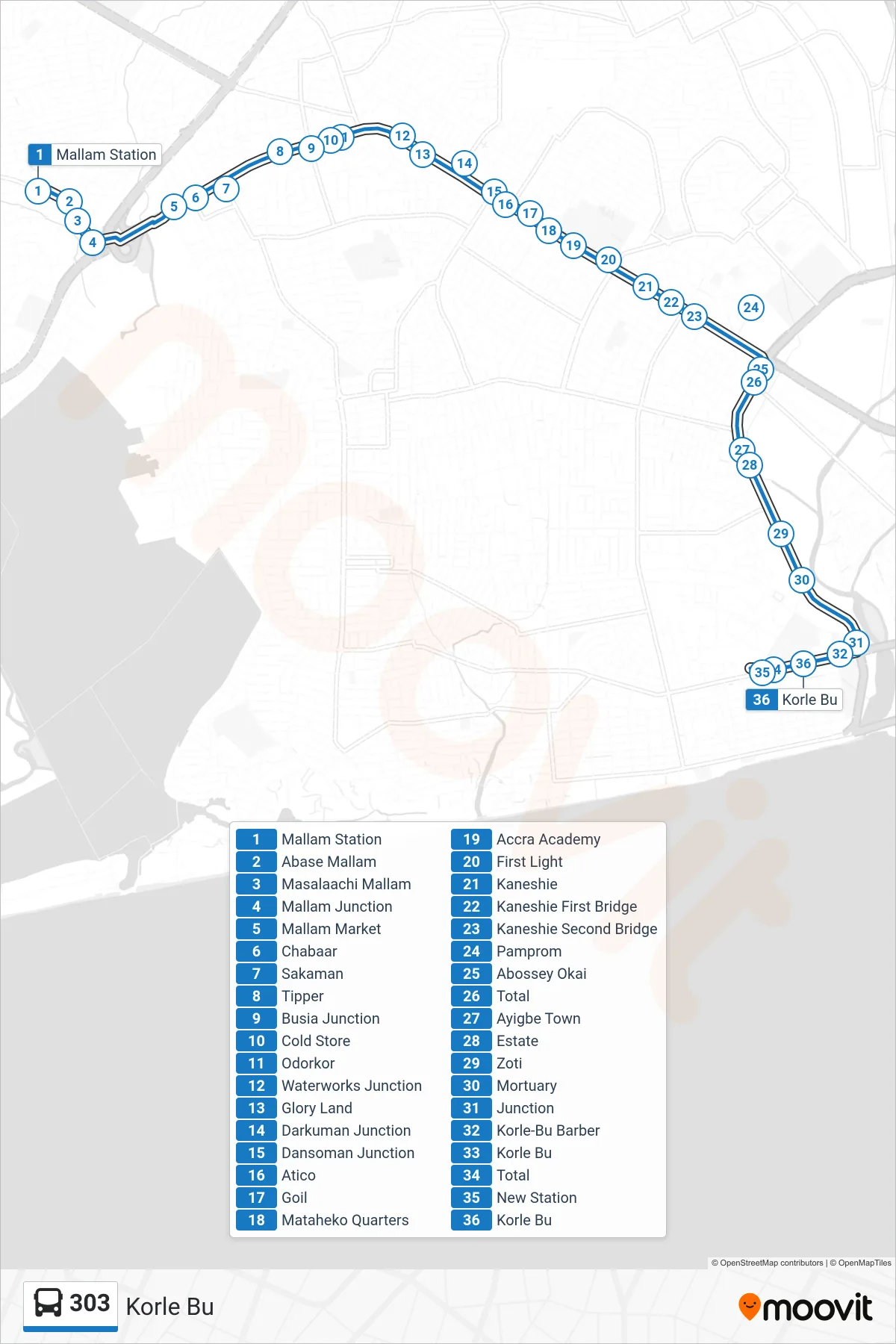 303 bus Line (Korle Bu) route and stops on a map