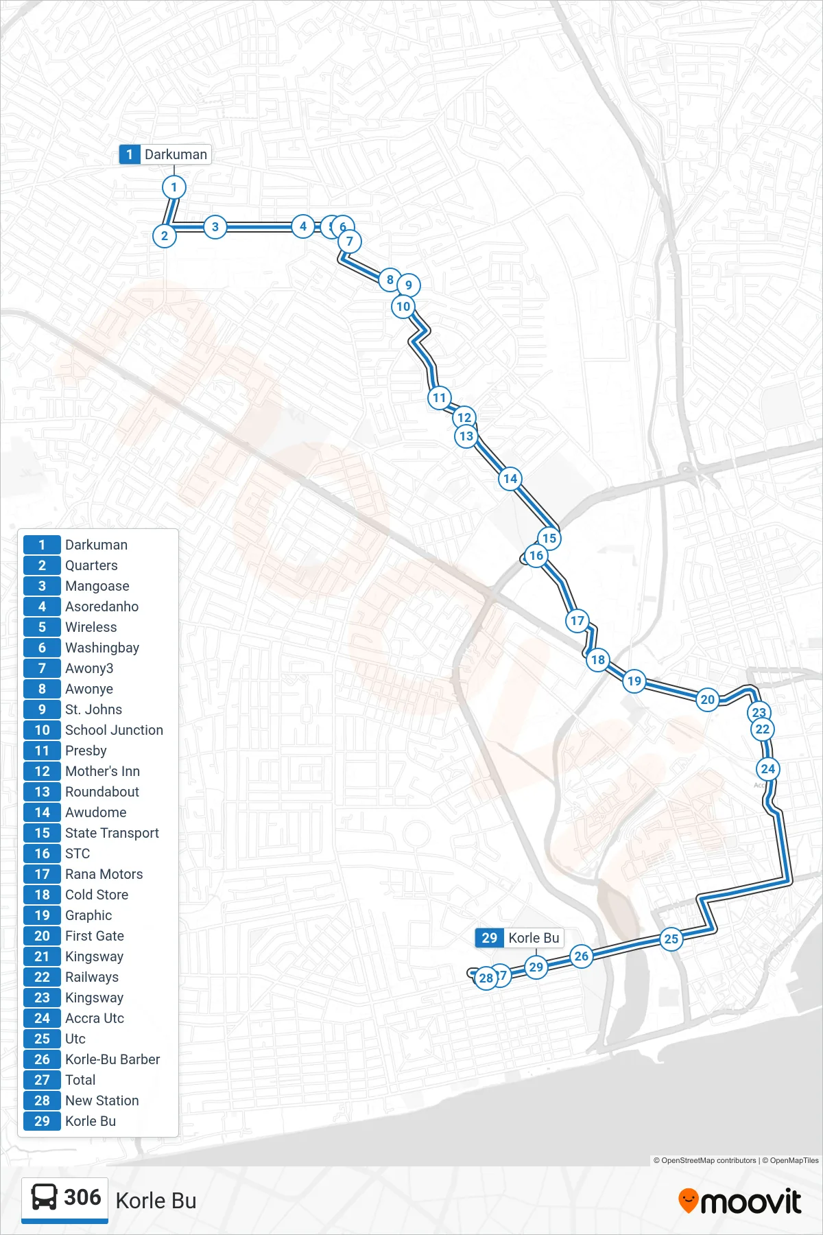 306 bus Line (Korle Bu) route and stops on a map