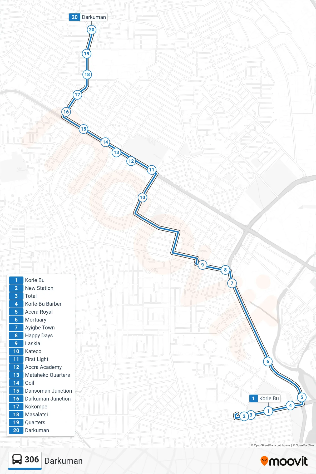 306 bus Line (Darkuman) route and stops on a map