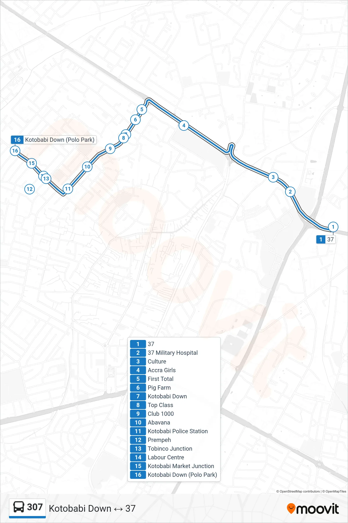 307 bus Line (Kotobabi Down) route and stops on a map