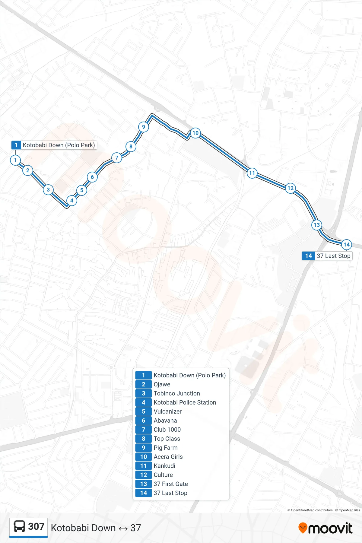 307 bus Line (37) route and stops on a map