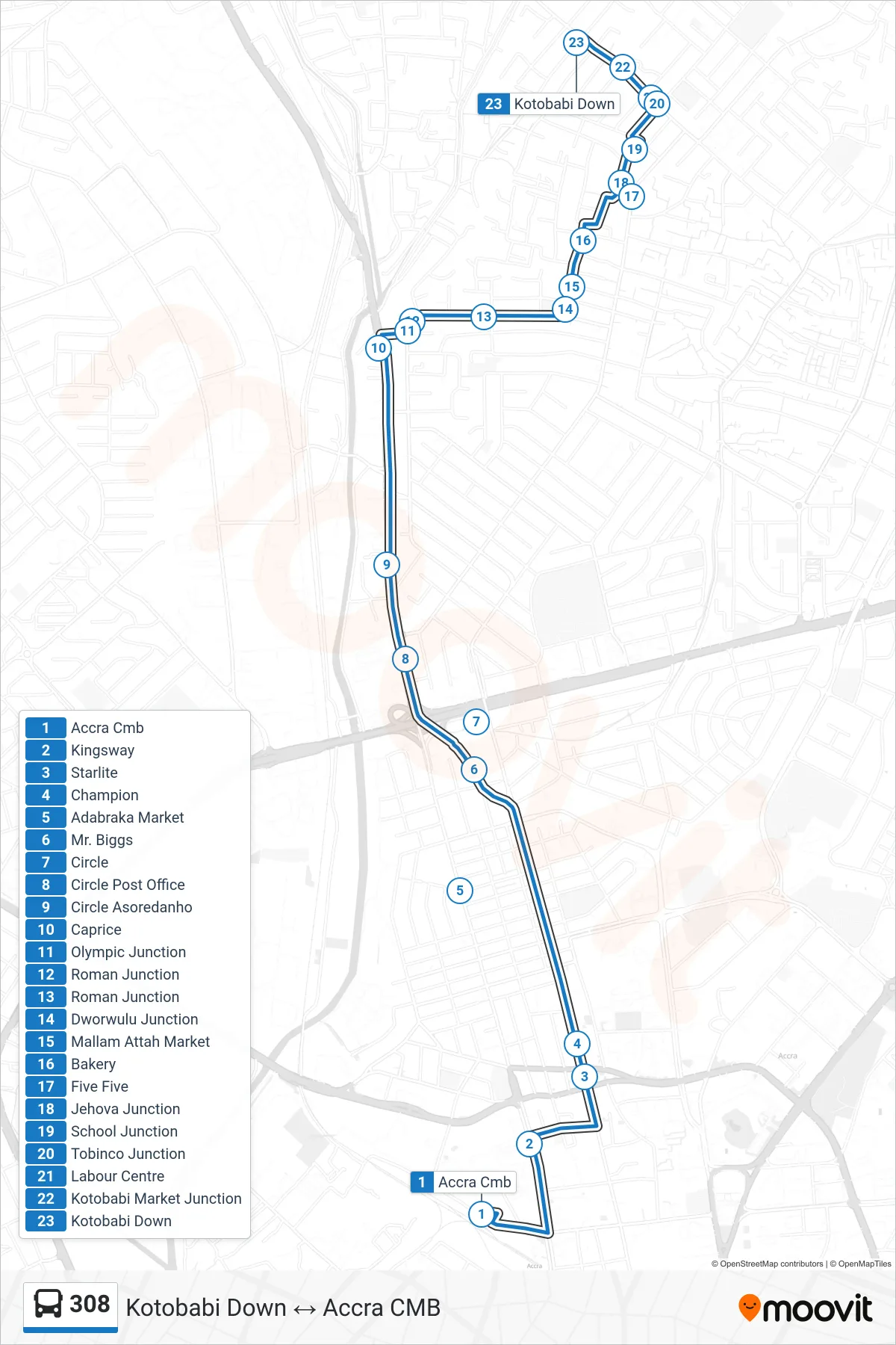 308 bus Line (Kotobabi Down) route and stops on a map