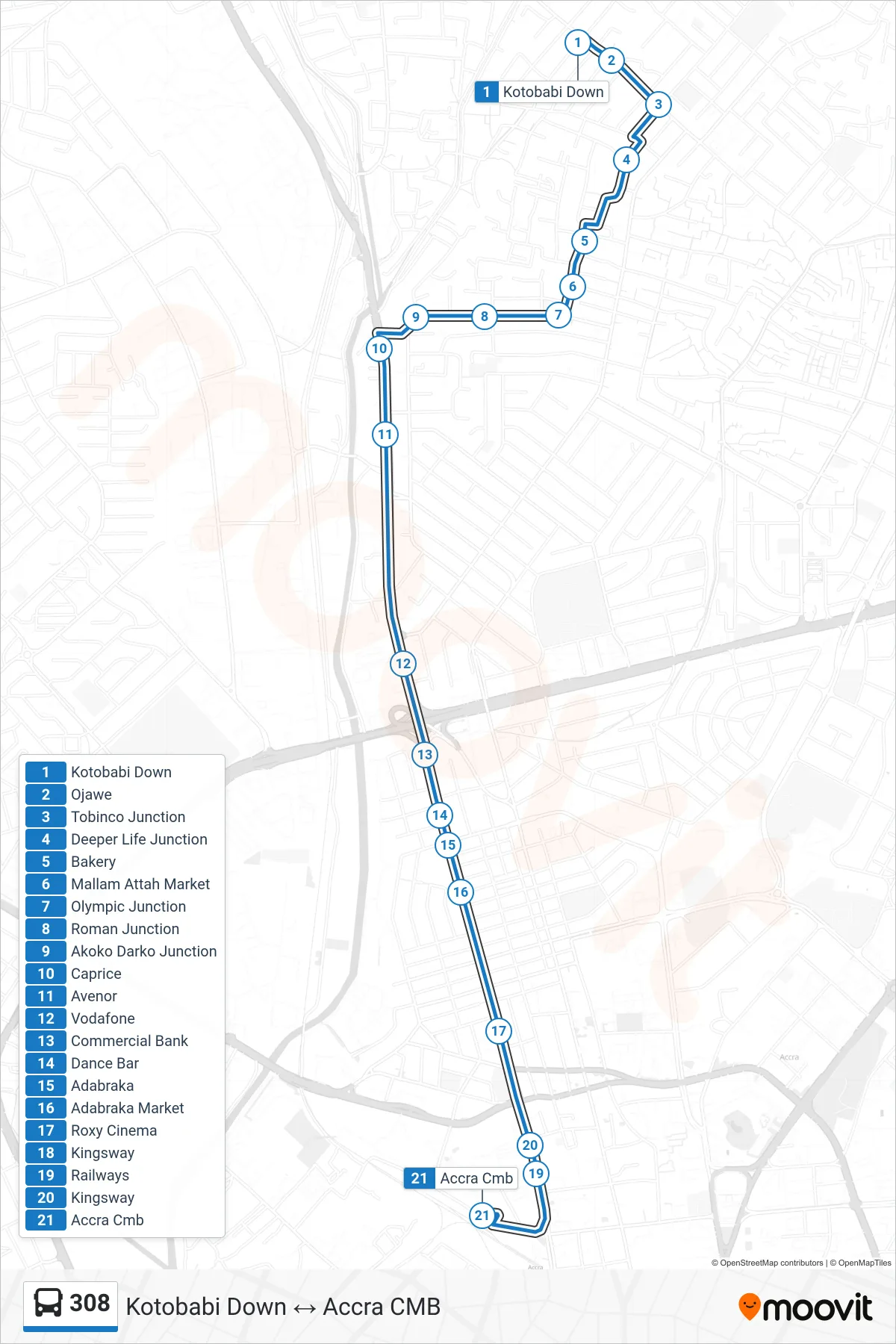 308 bus Line (Accra Cmb) route and stops on a map