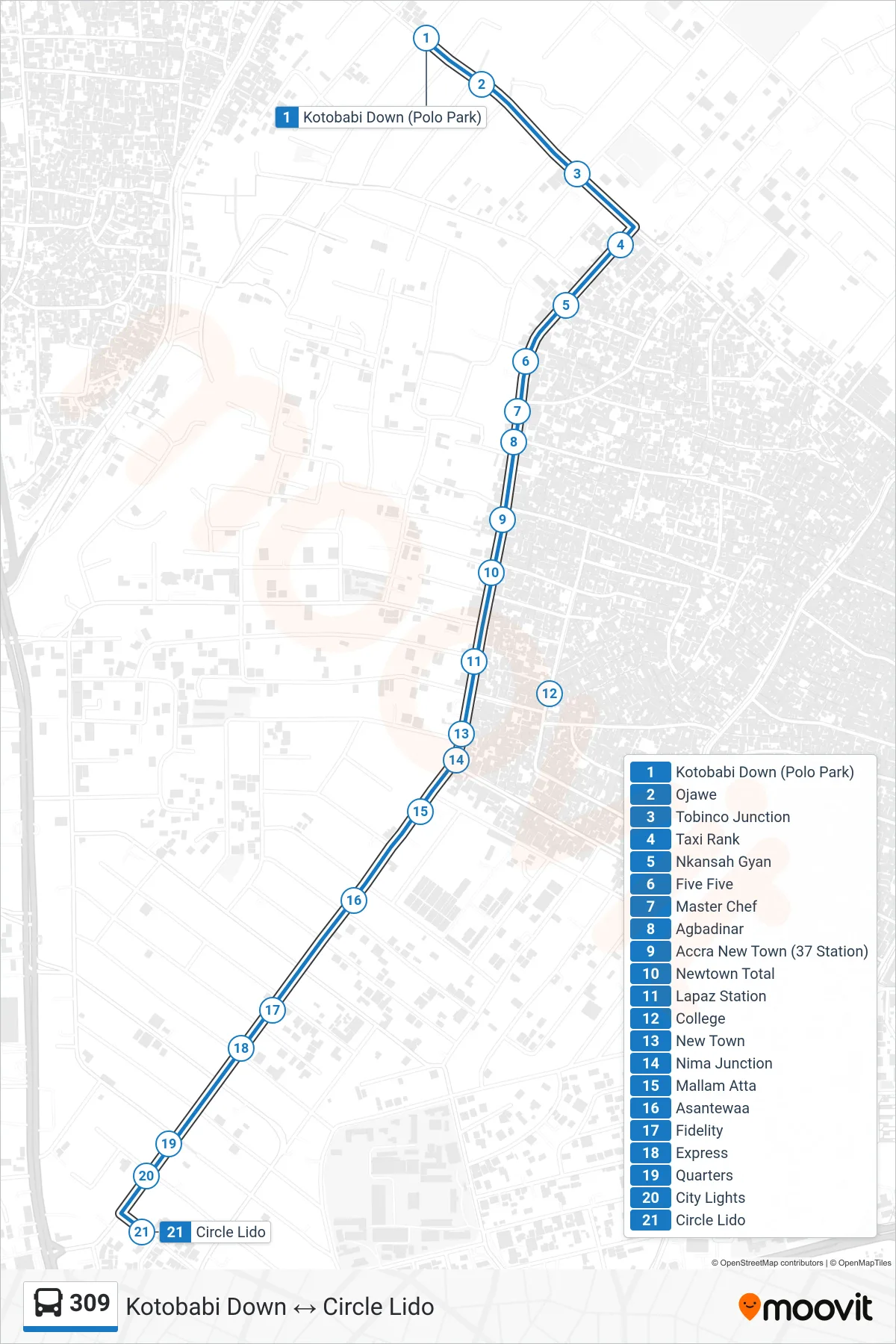309 bus Line (Circle Lido) route and stops on a map