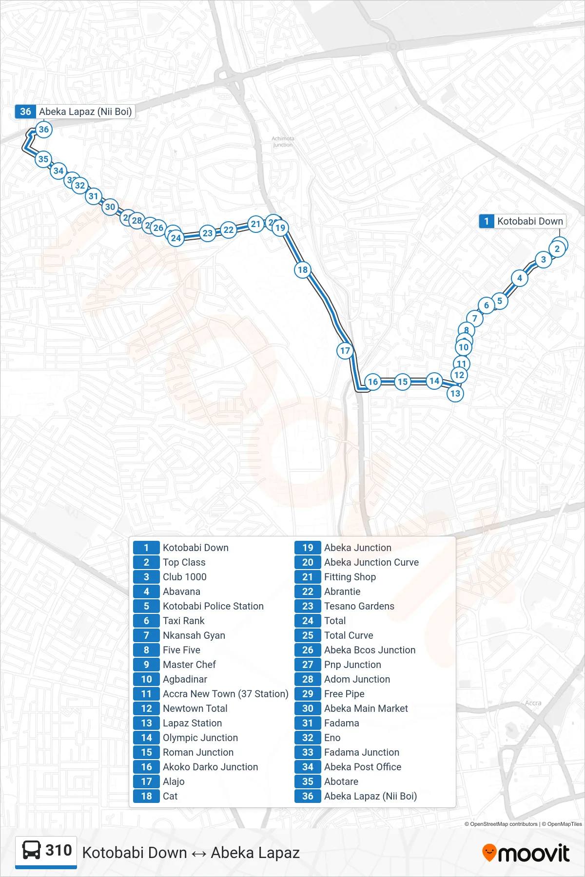310 bus Line (Abeka Lapaz) route and stops on a map