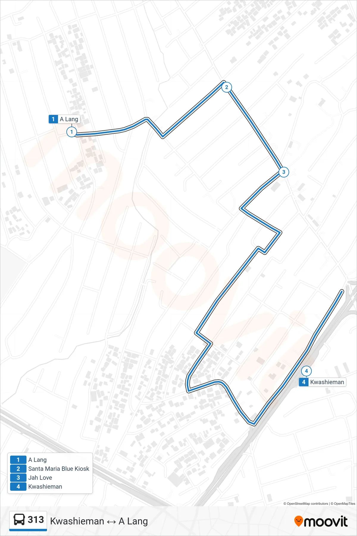 313 bus Line (Kwashieman) route and stops on a map