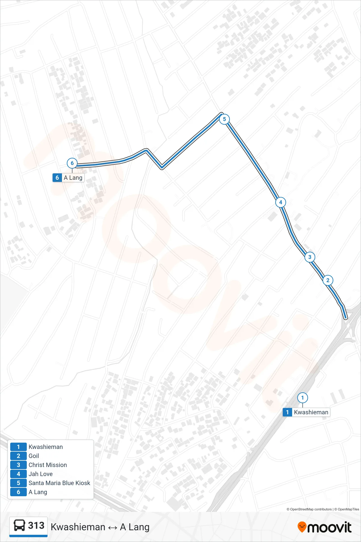 313 bus Line (A Lang) route and stops on a map