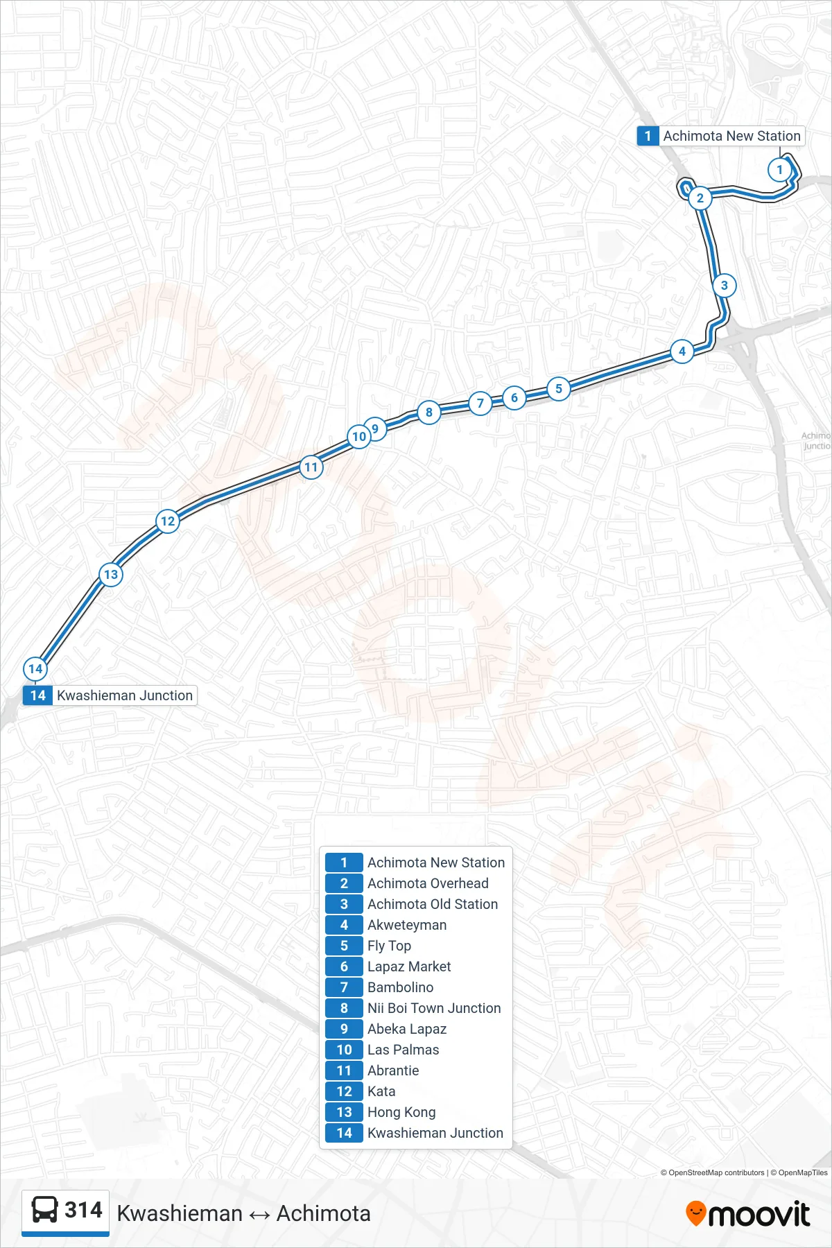 314 bus Line (Kwashieman) route and stops on a map