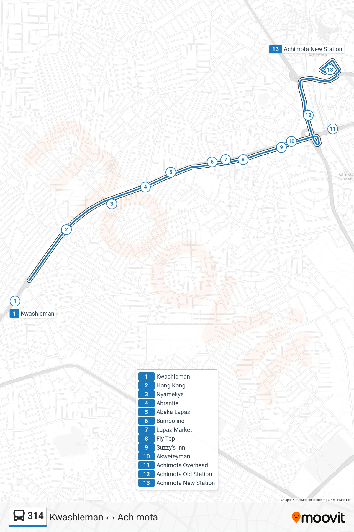 314 bus Line (Achimota) route and stops on a map