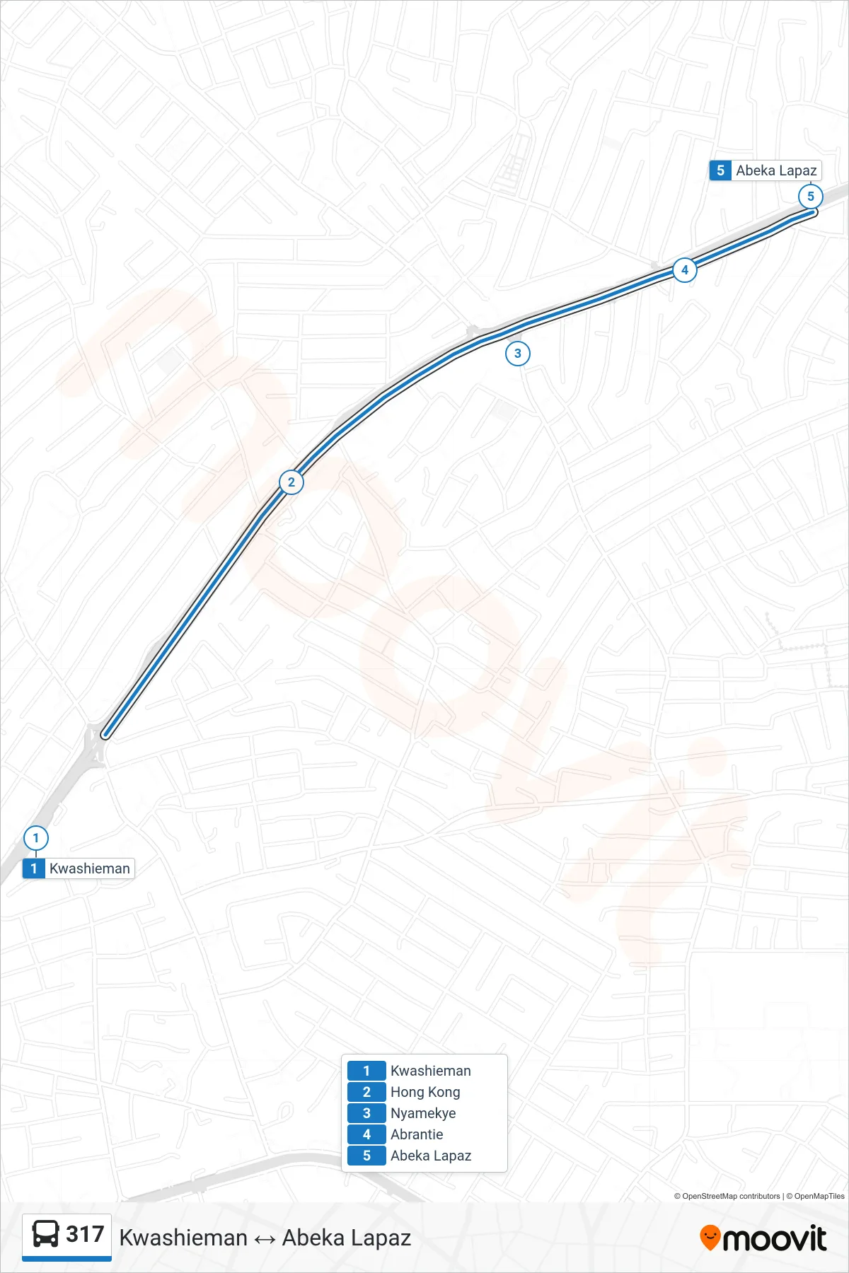 317 bus Line (Abeka Lapaz) route and stops on a map