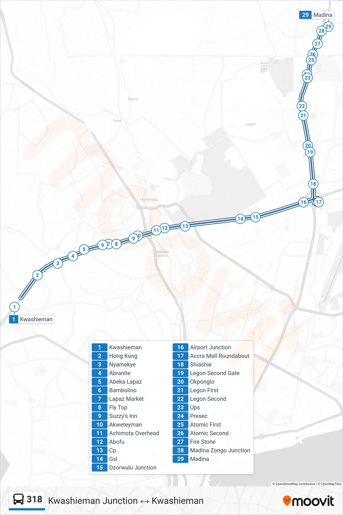 318 bus Line (Madina) route and stops on a map