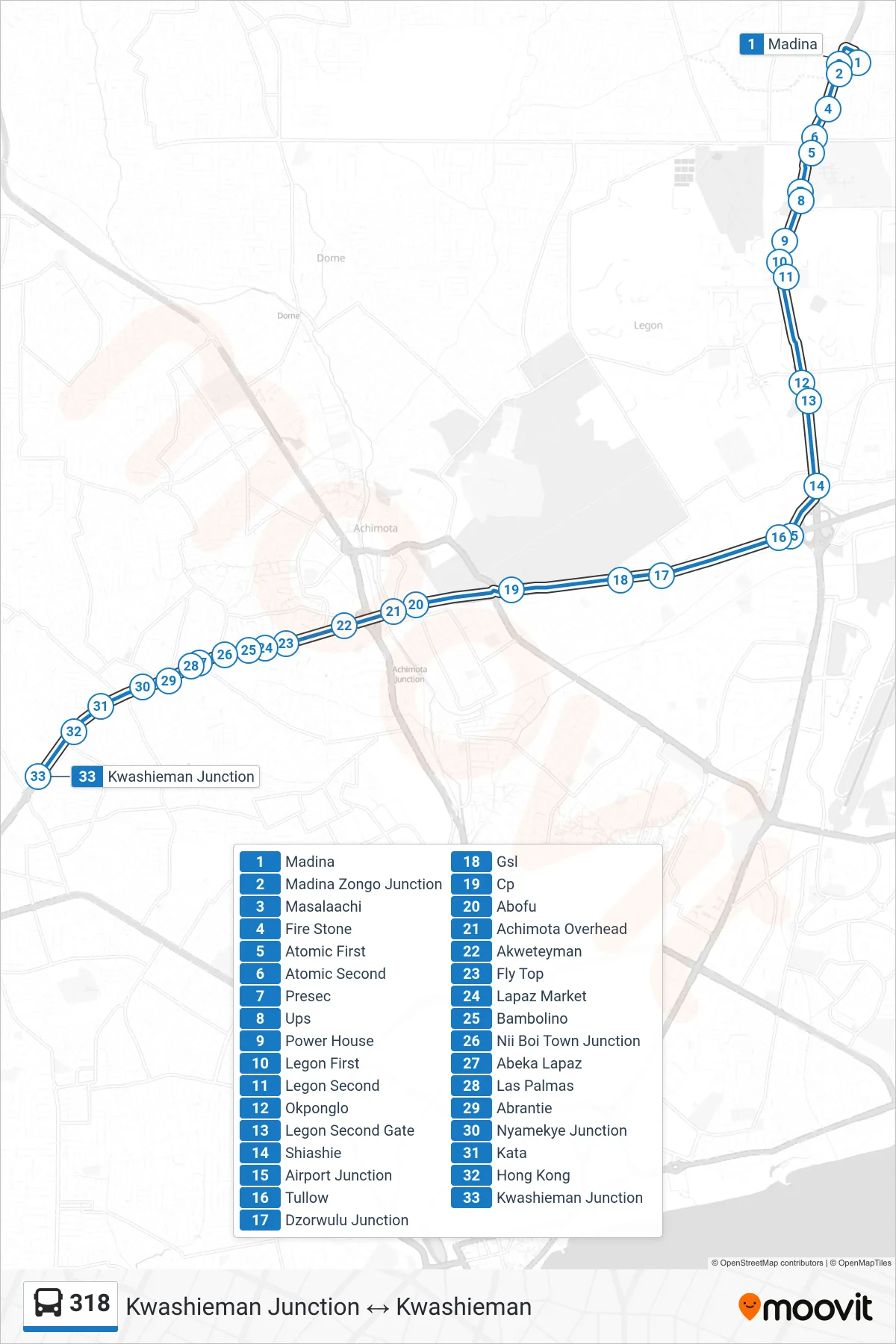 318 bus Line (Kwashieman) route and stops on a map