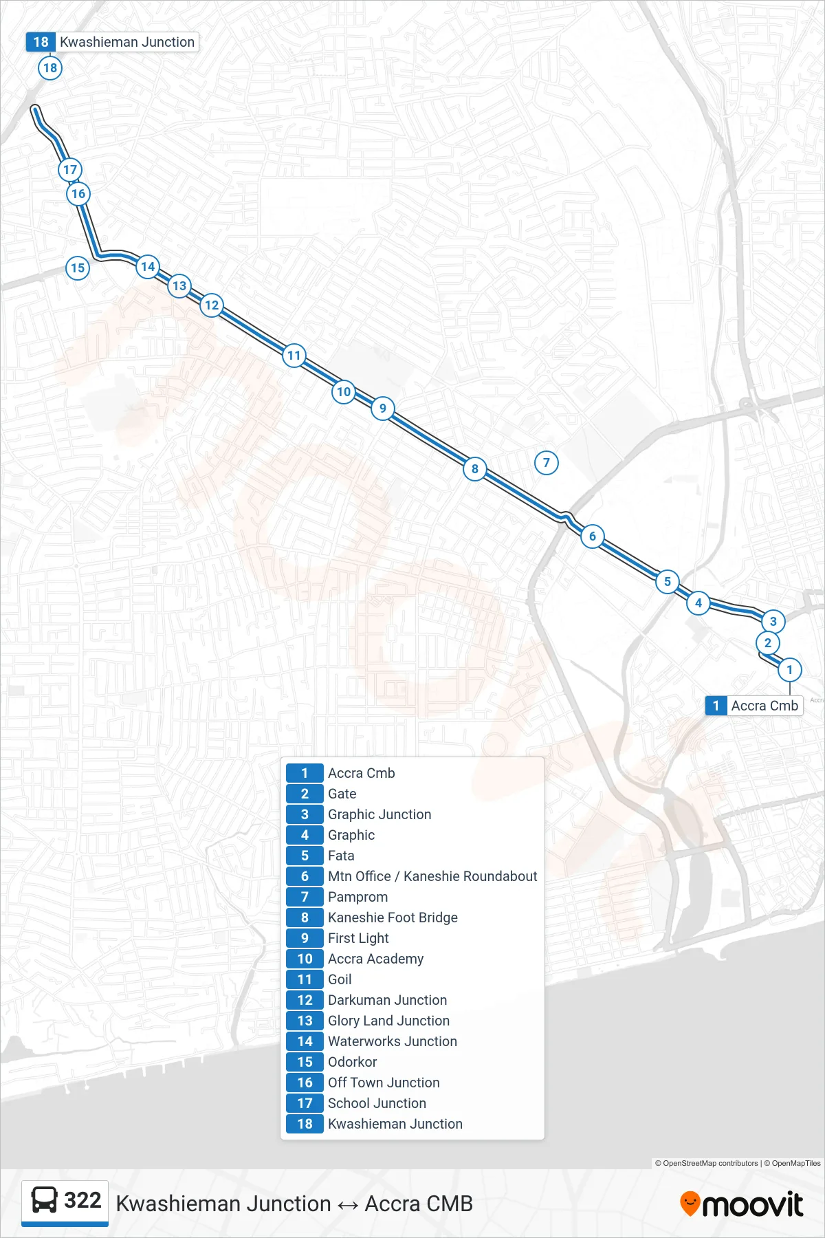 322 bus Line (Kwashieman Junction) route and stops on a map